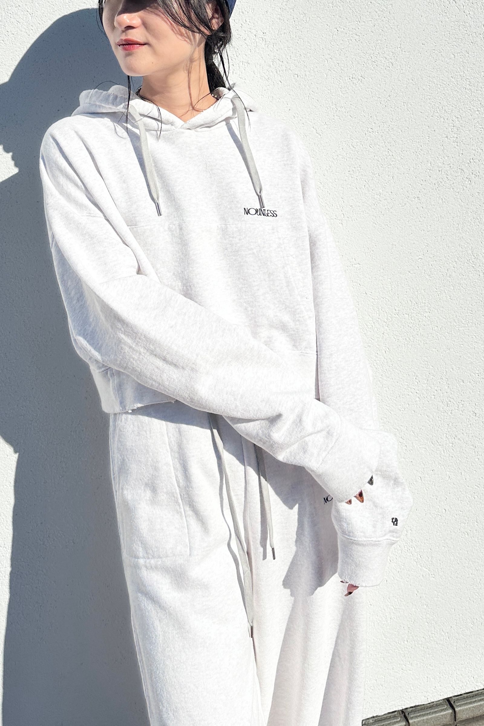 NOUNLESS SHORT HOODIE TOPS (GRAY) / ショートフーディトップス グレー