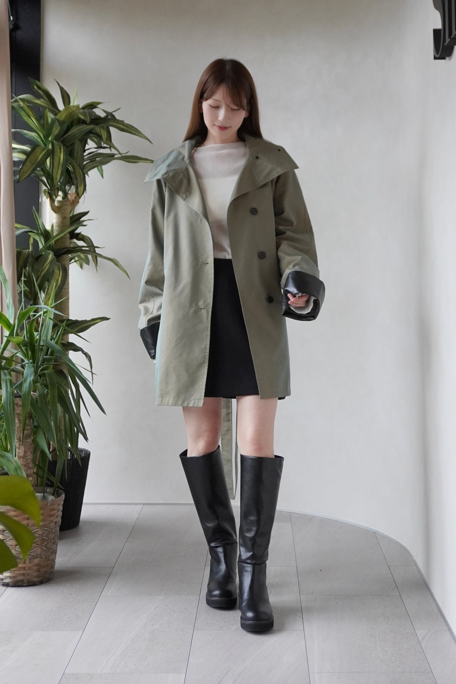【26TH-05】スタンドカラートレンチコート (カーキ) Stand collar trench (Khaki) /  エコファー  /  フェイクファー