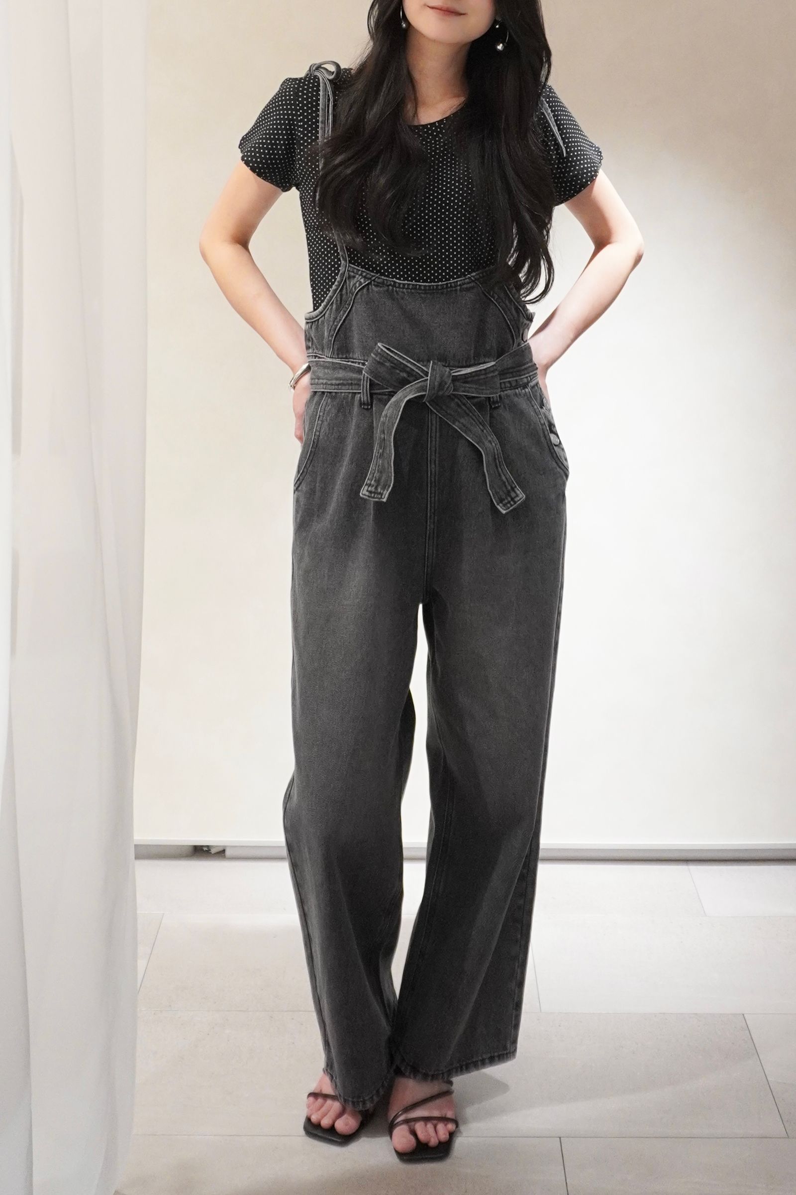デニム リボンサロペット (ブラック) denim tapered ribbon salopette (Black) /  26SS