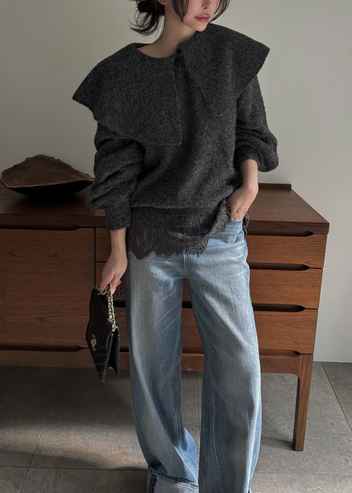 overlay big collar volume sleeve knit / ビッグカラー ボリュームスリーブニット (チャコール) / 25AW /