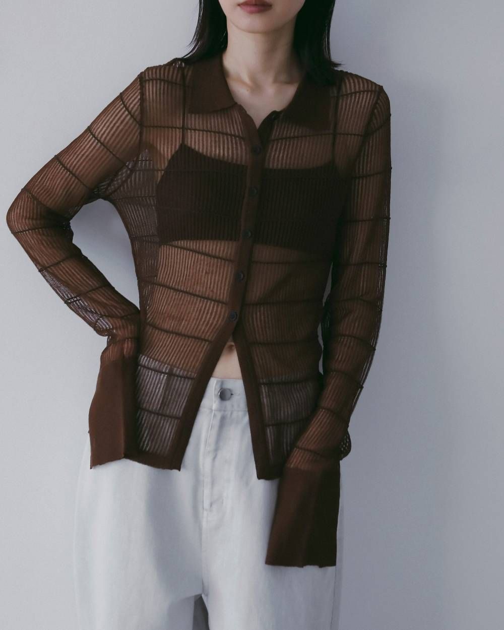 シアーボーダー ニットシャツ (ブラウン) Sheerborder Knit Shirts (Brown) / 26SS