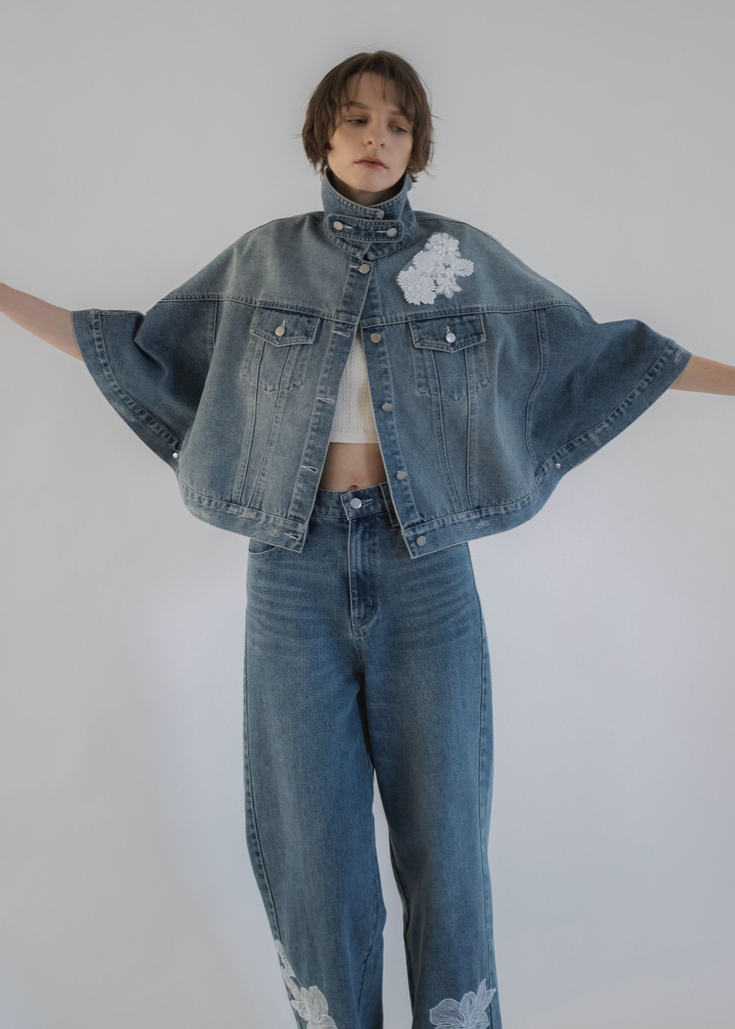 trucker detail denim poncho JK / トラッカー ポンチョ デニムジャケット (L/blue) / 26SS