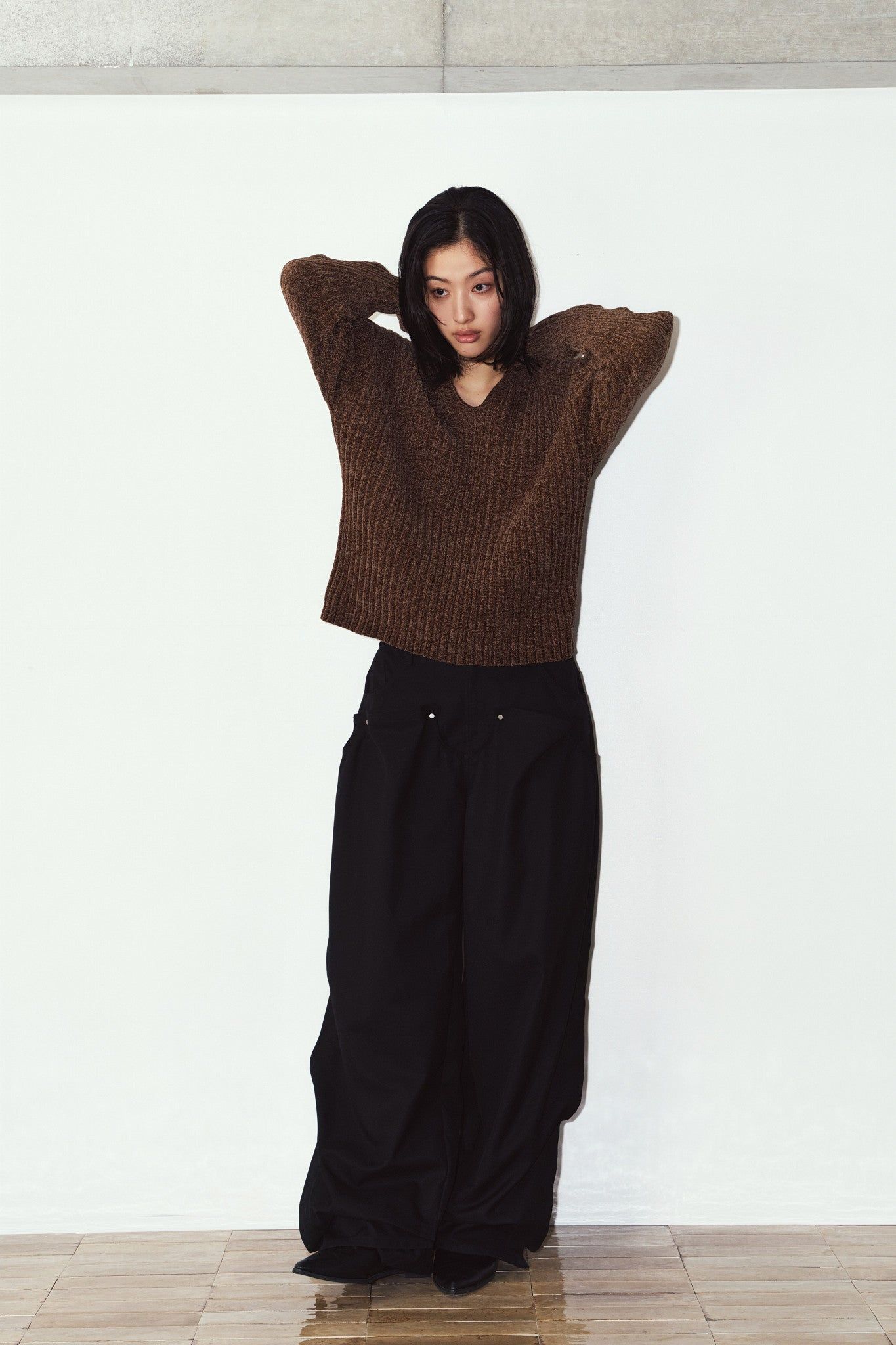 ブークレ ニット フーディ (ブラウン) rib hoodie boucle knit (Brown) / 26AW