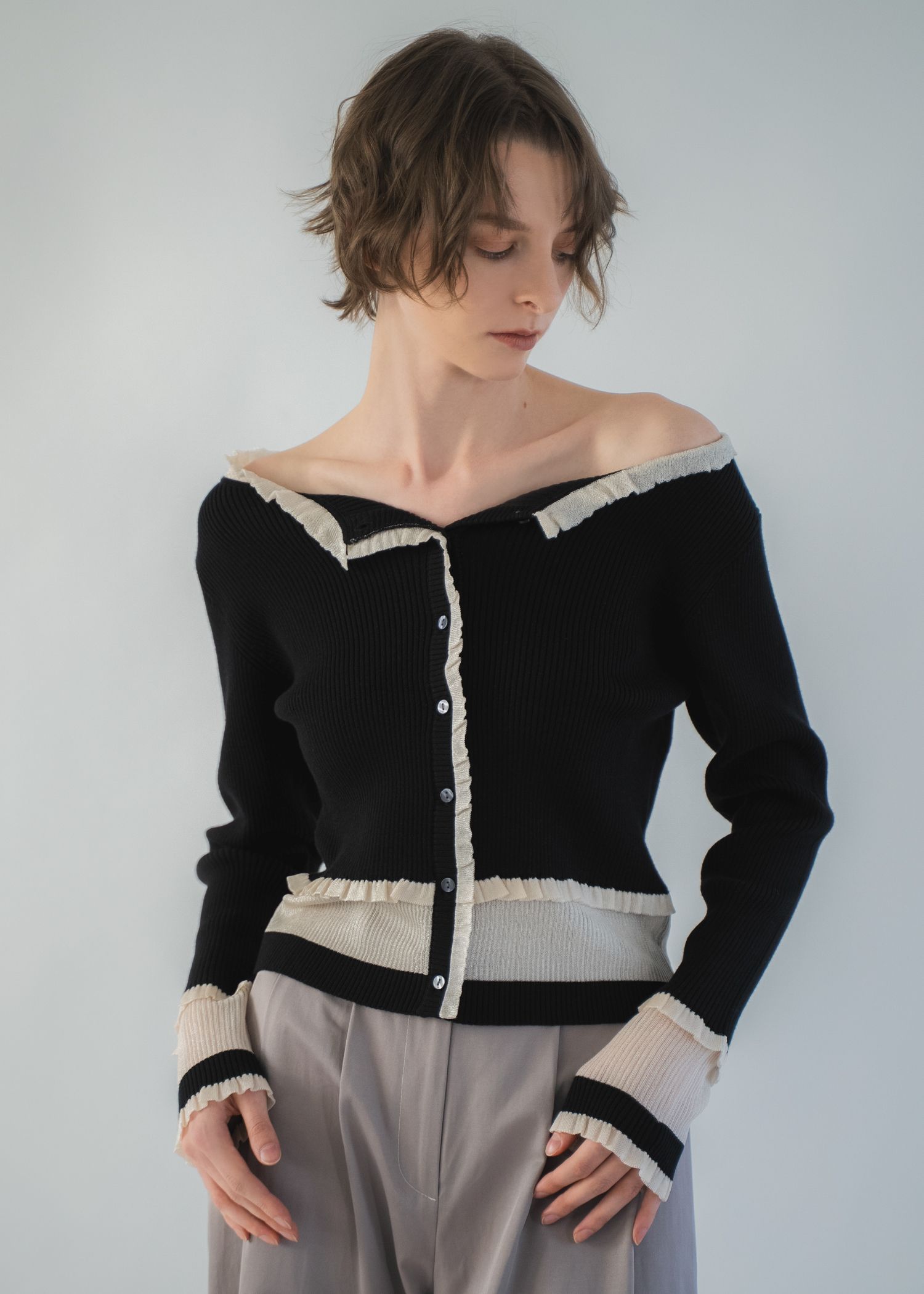 partial sheer frill knit cardigan / シアーフリル ニットカーディガン (Black) / 26SS