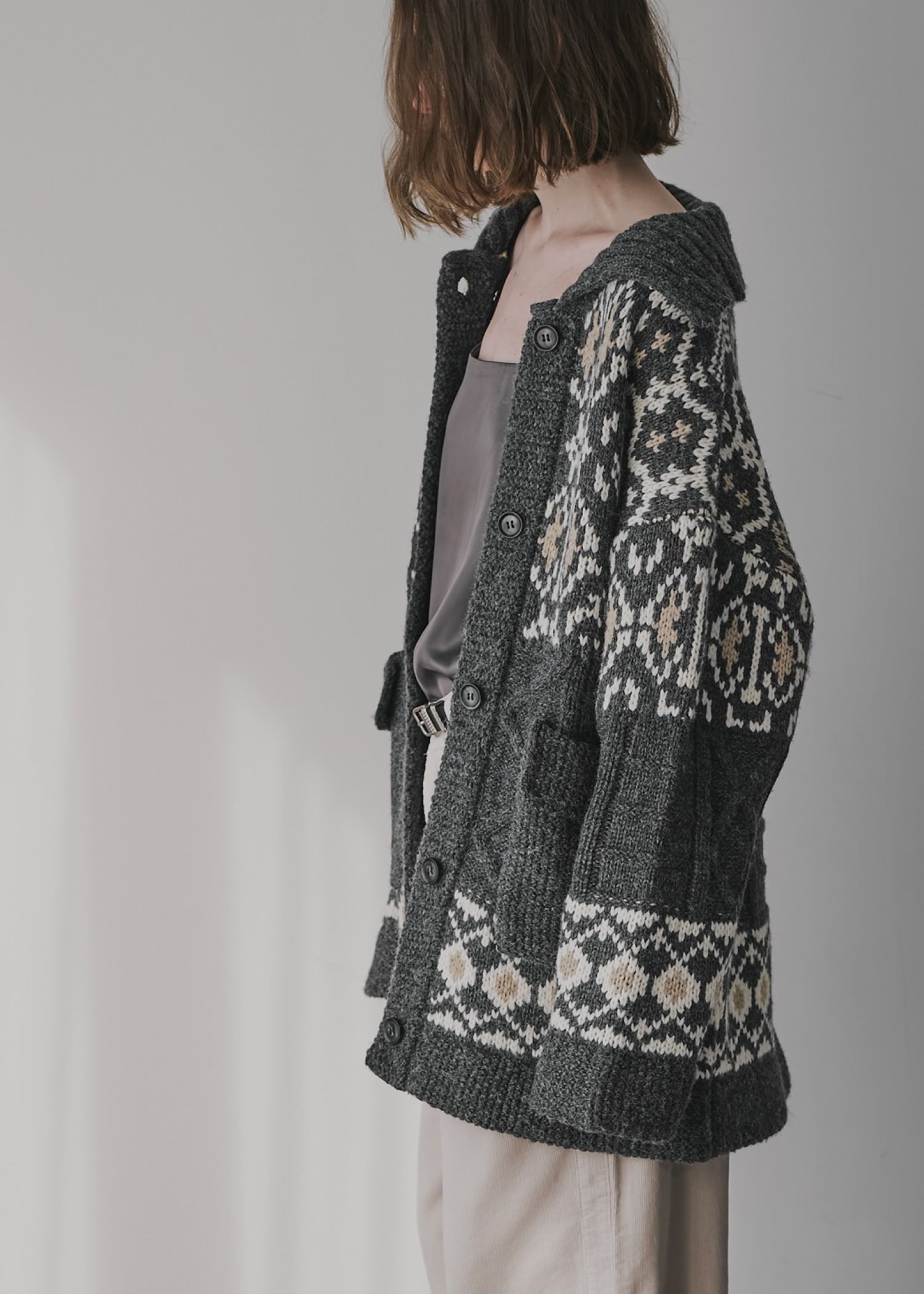 nordic pattern knit cowichan jacket / ノルディック カウチンニットジャケット (チャコール) / 25AW /