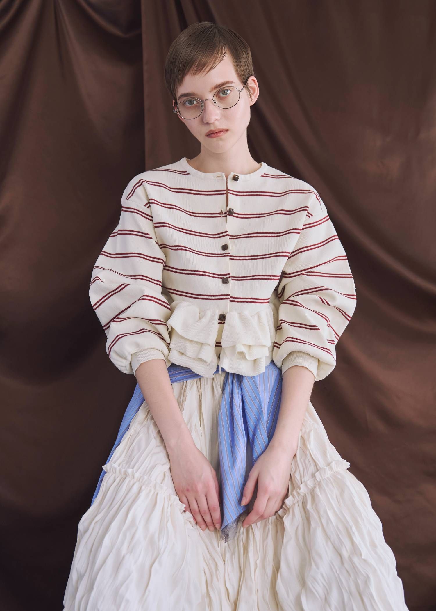フリルニットカーディガン (レッド) hem ruffle frill knit cardigan (Red) /  26SS