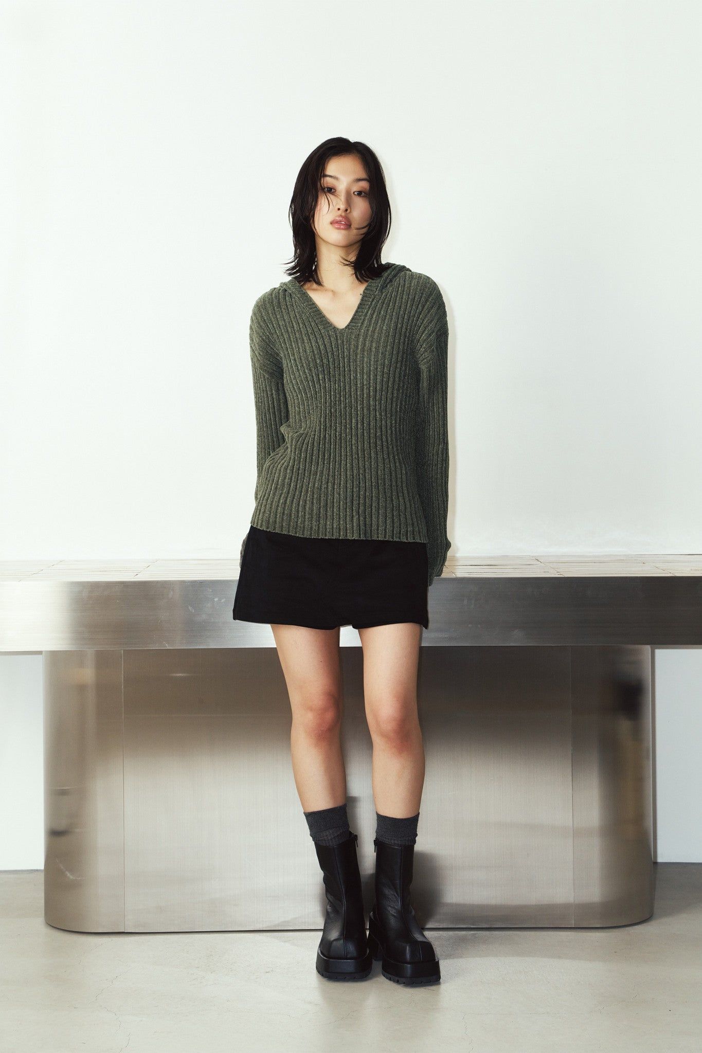 ブークレ ニット フーディ (カーキ) rib hoodie boucle knit (Khaki) / 26AW