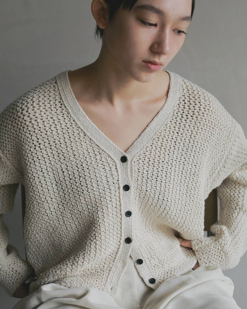 クロシェニットカーディガン (アイボリー) Crochet Knit Cardigan (Ivory) / 26SS