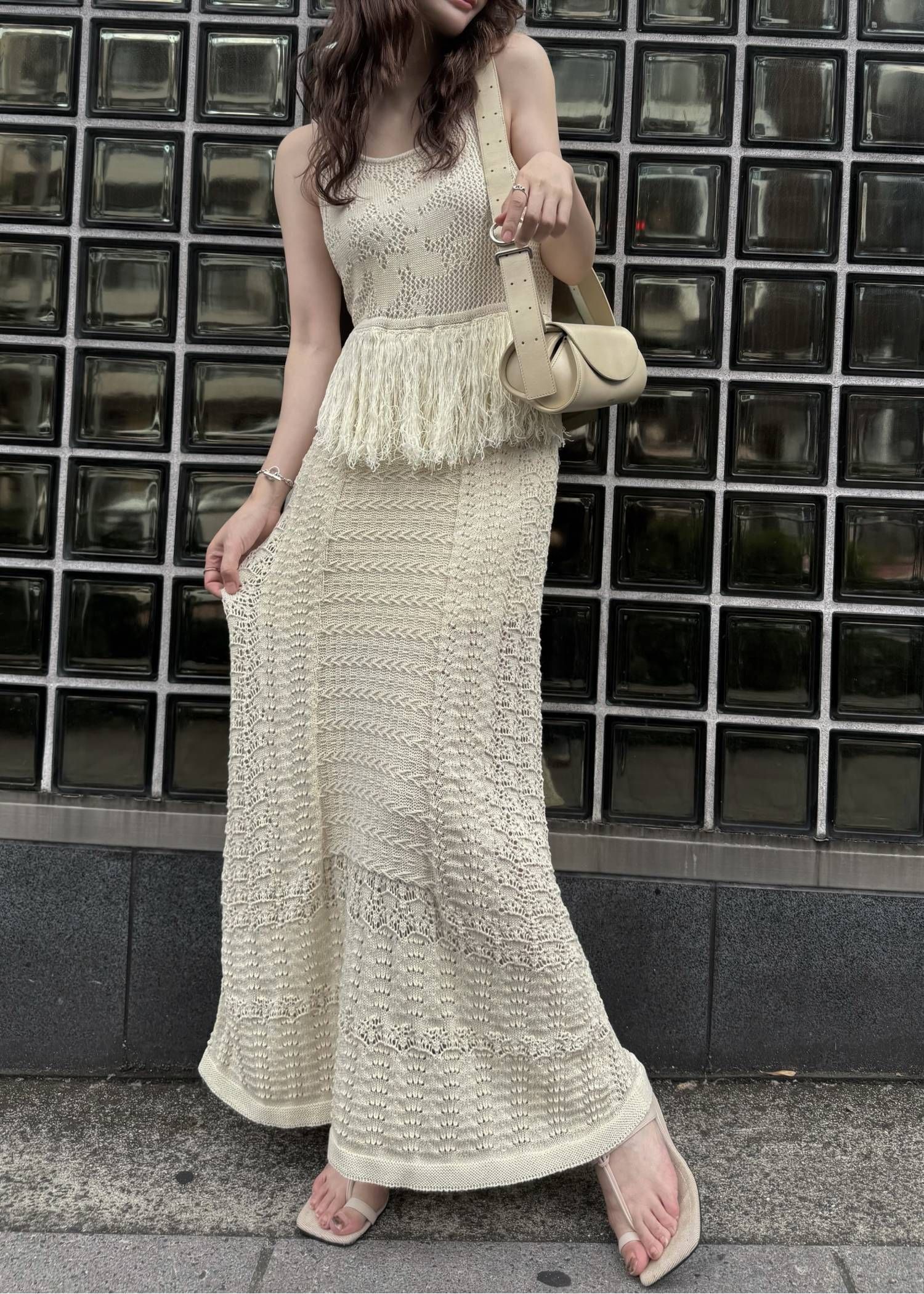 マルチパターン ニットワンピース (ナチュラル) multi pattern jacquard fringe knit OP (Natura) /  26SS