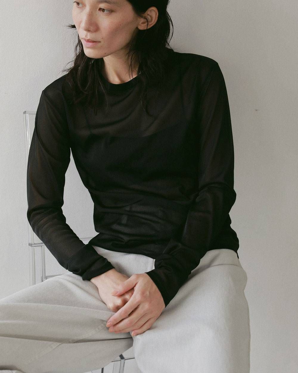 スリット シフォントップス (ブラック) Slit Chiffon Tops (Black) / 27SS