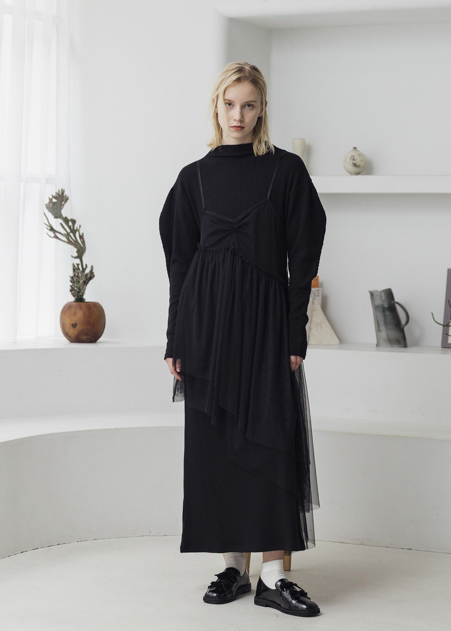 volume sleeve high neck rib OP / ハイネックリブワンピース (ブラック) / 25AW /