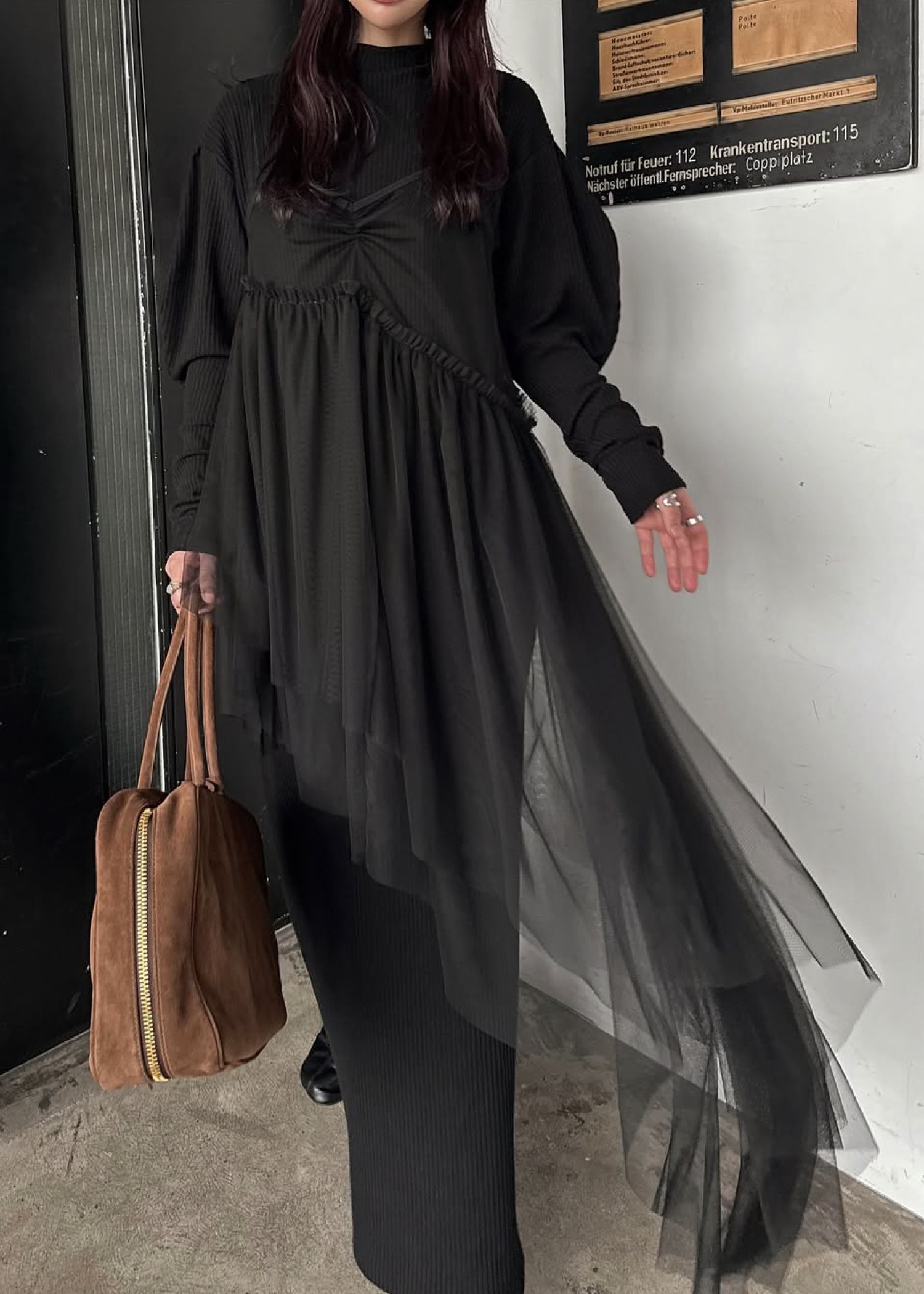 volume sleeve high neck rib OP / ハイネックリブワンピース (ブラック) / 25AW /