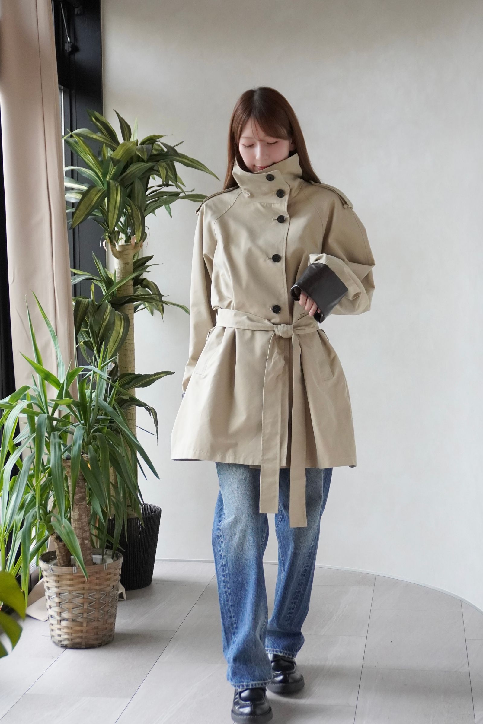【26TH-05】スタンドカラートレンチコート (ベージュ) Stand collar trench (Beige) /  エコファー  /  フェイクファー