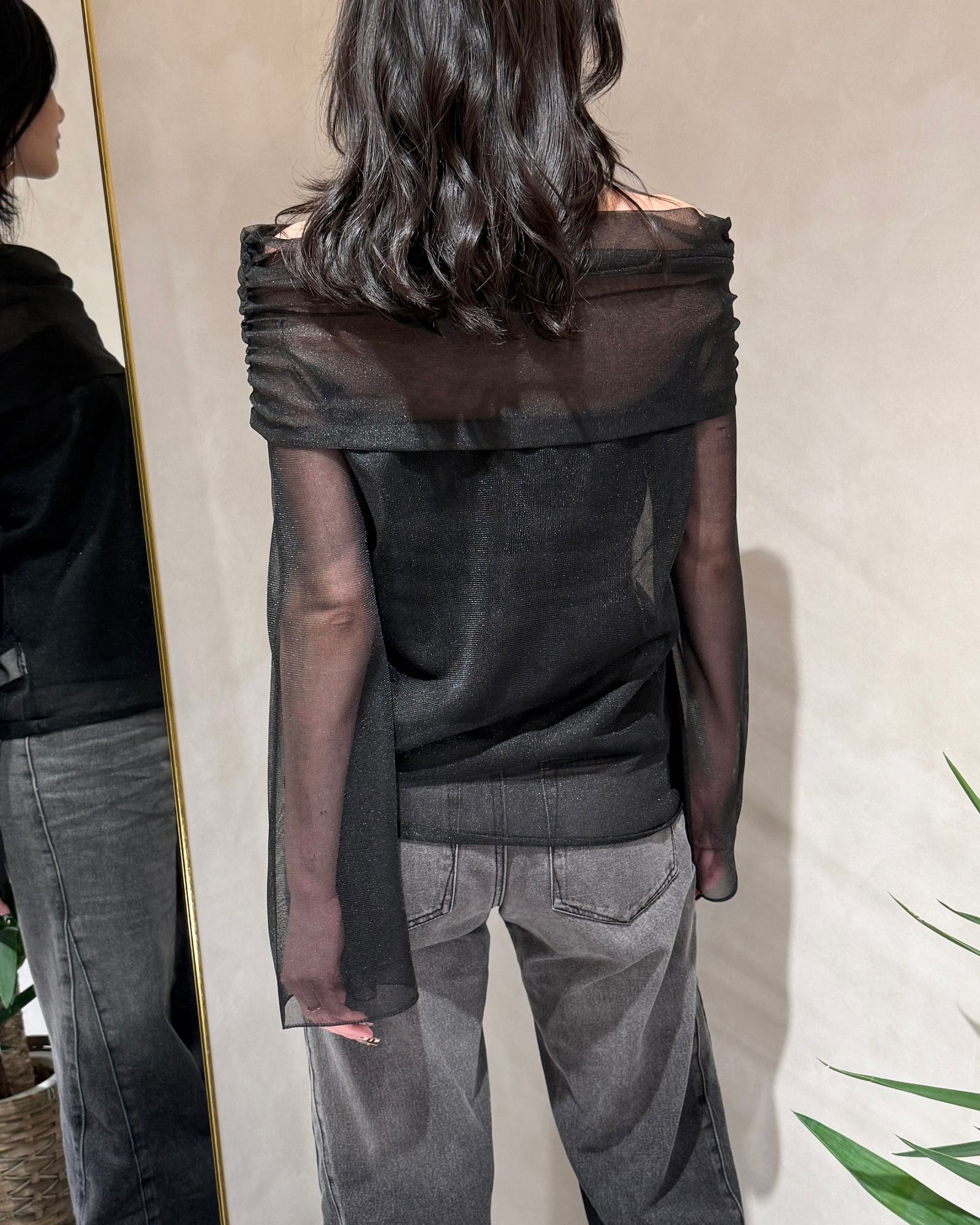 SHEER OFF SHOULDER KNIT / シアー オフショルダーニット (ノワール)