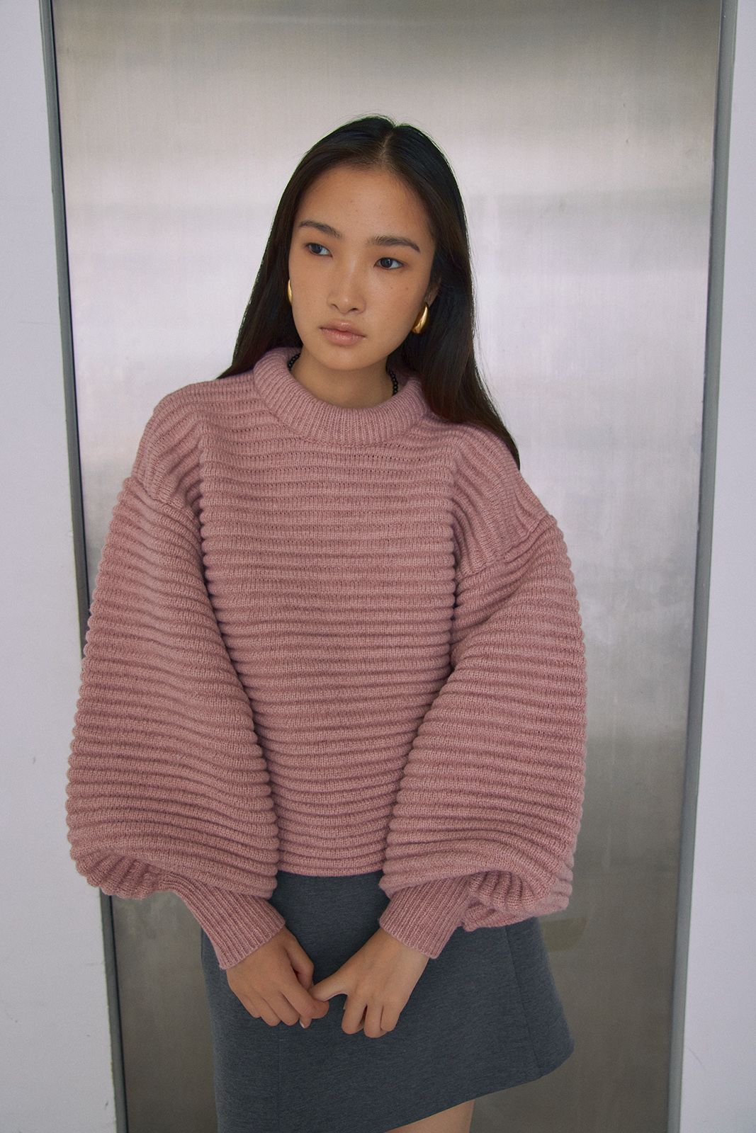 ボリュームスリーブニットトップス (ピンク) Raglan Sleeve Long Coat (Pink) / 26AW