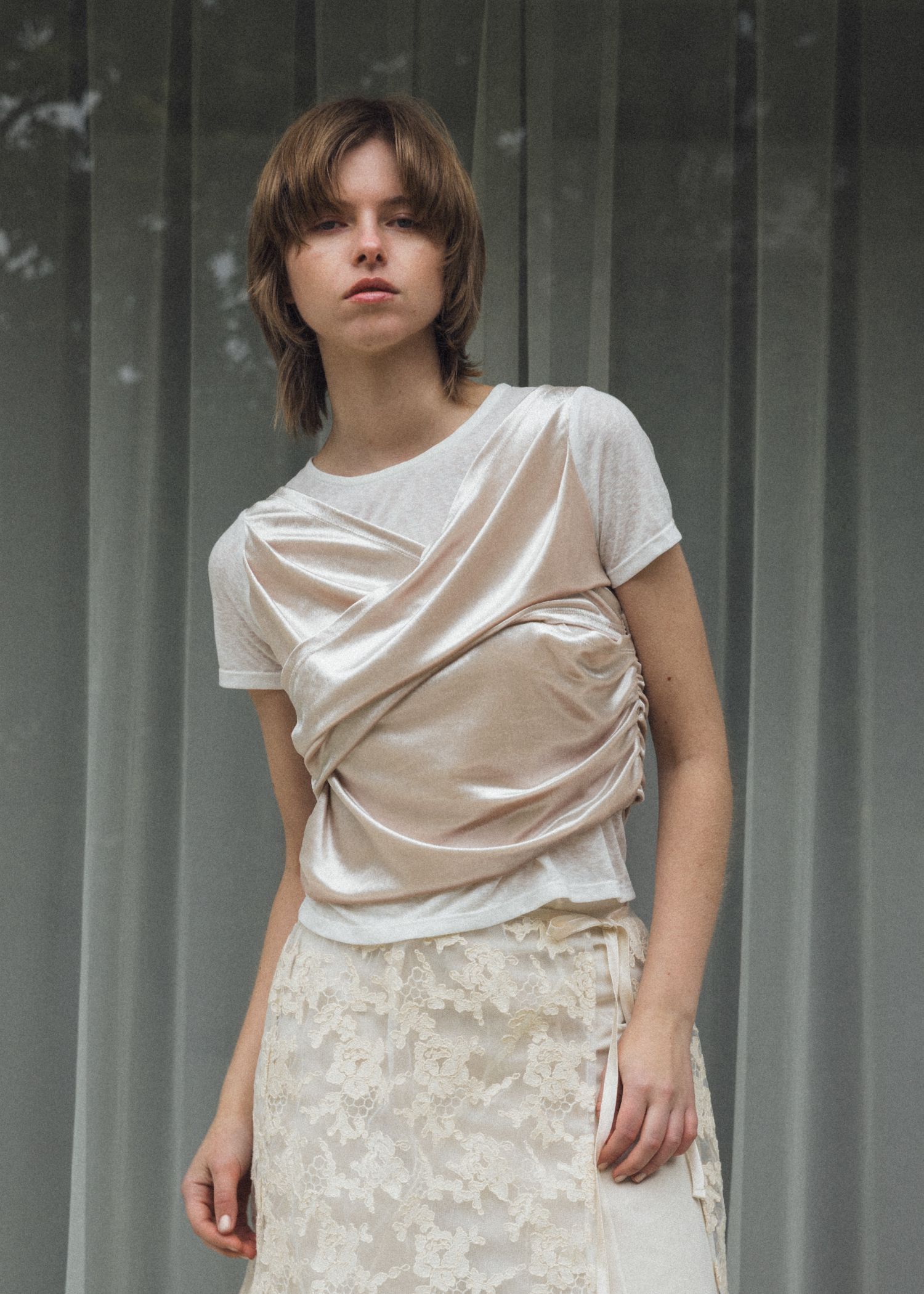 ベロア ドレープ Tシャツ (アイボリー) cache coeur mix slub velour tops (Ivory) /  26SS