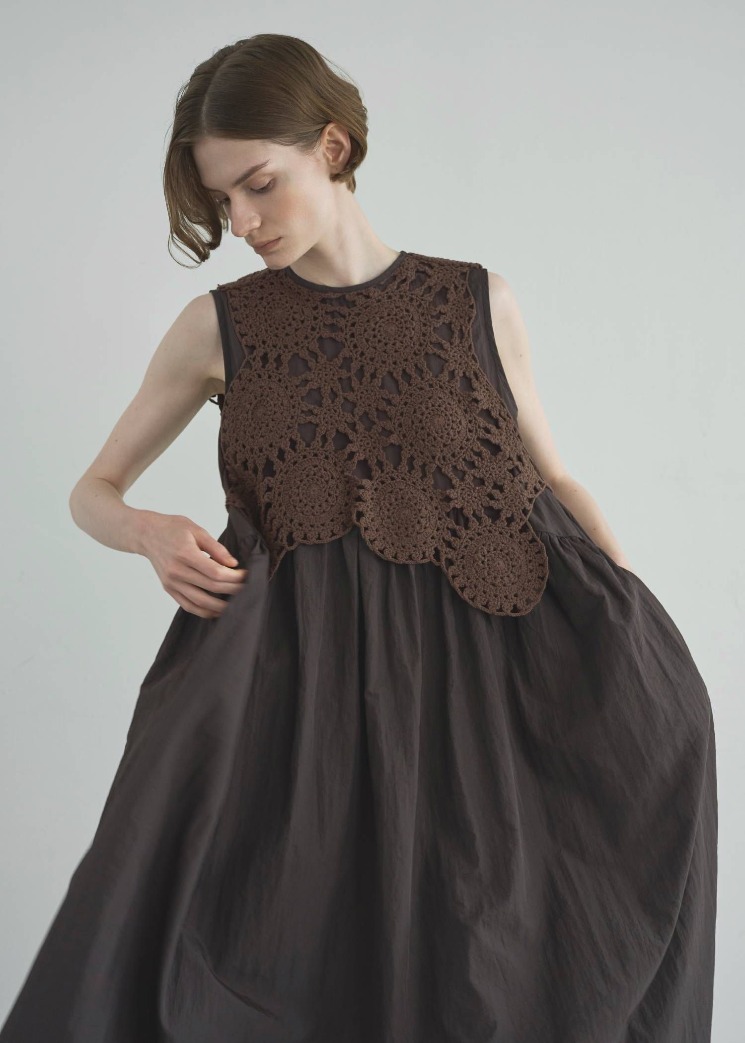 クロシェ ナイロンワンピース (ブラウン) crochet knit layered nylon OP (Brown) /  26SS