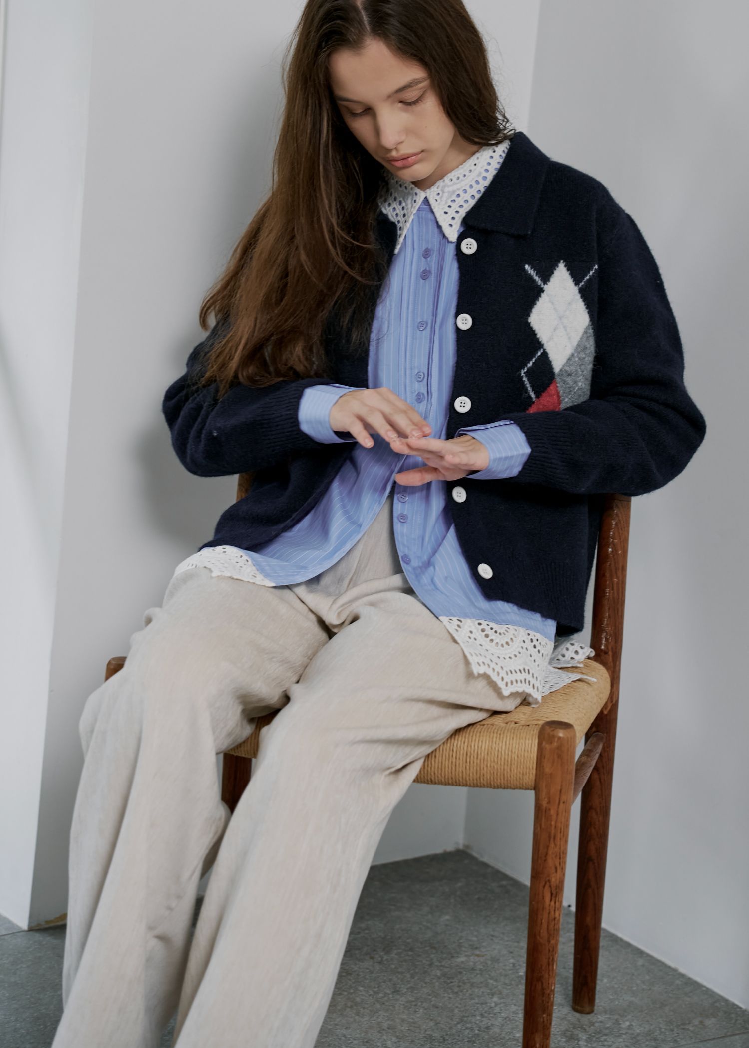 chic soft touch argyle knit cardigan / ソフトタッチ アーガイルニットカーディガン (ネイビー) / 25AW /