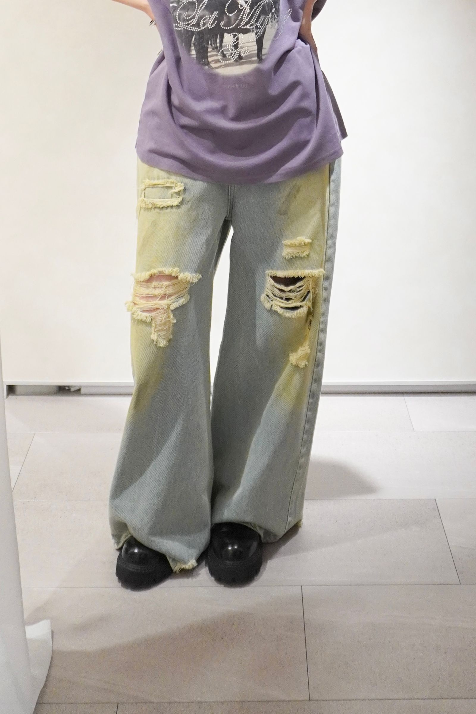 ダメージ デニムパンツ (サックスブルー) damage denim pants