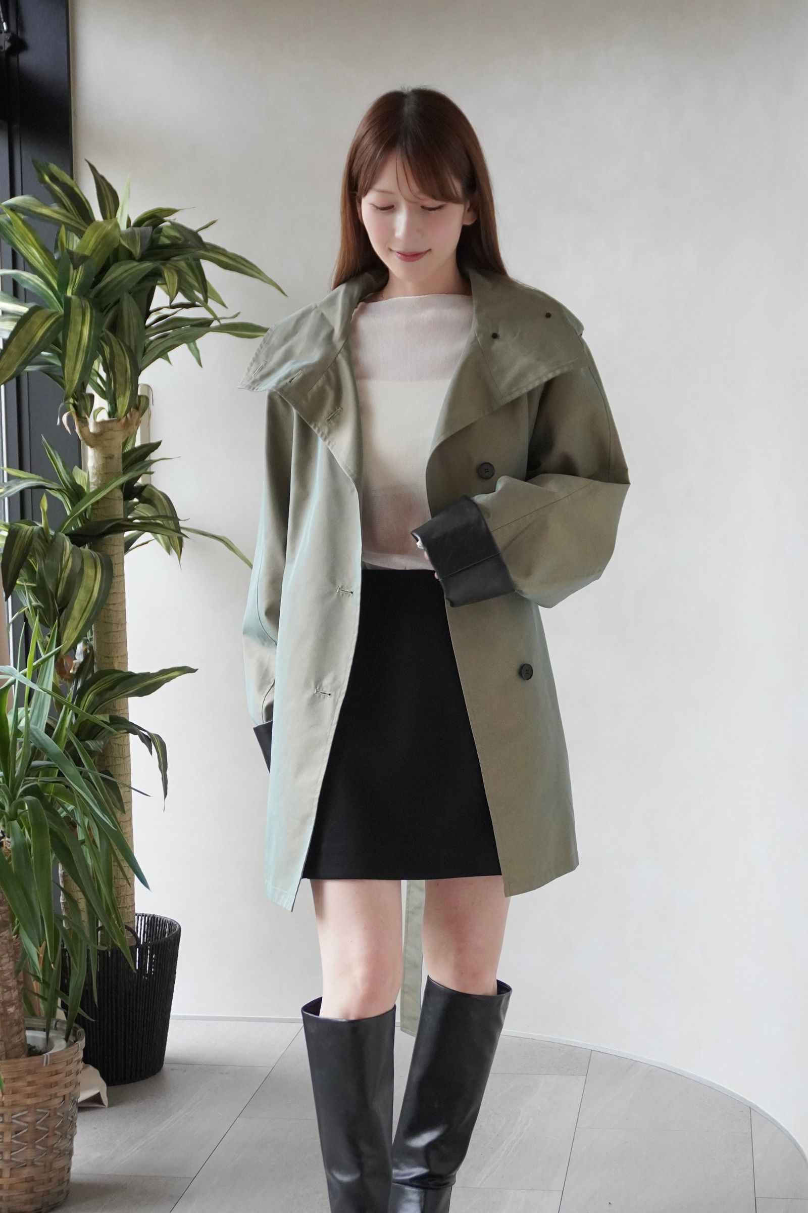 【26TH-05】スタンドカラートレンチコート (カーキ) Stand collar trench (Khaki) /  エコファー  /  フェイクファー