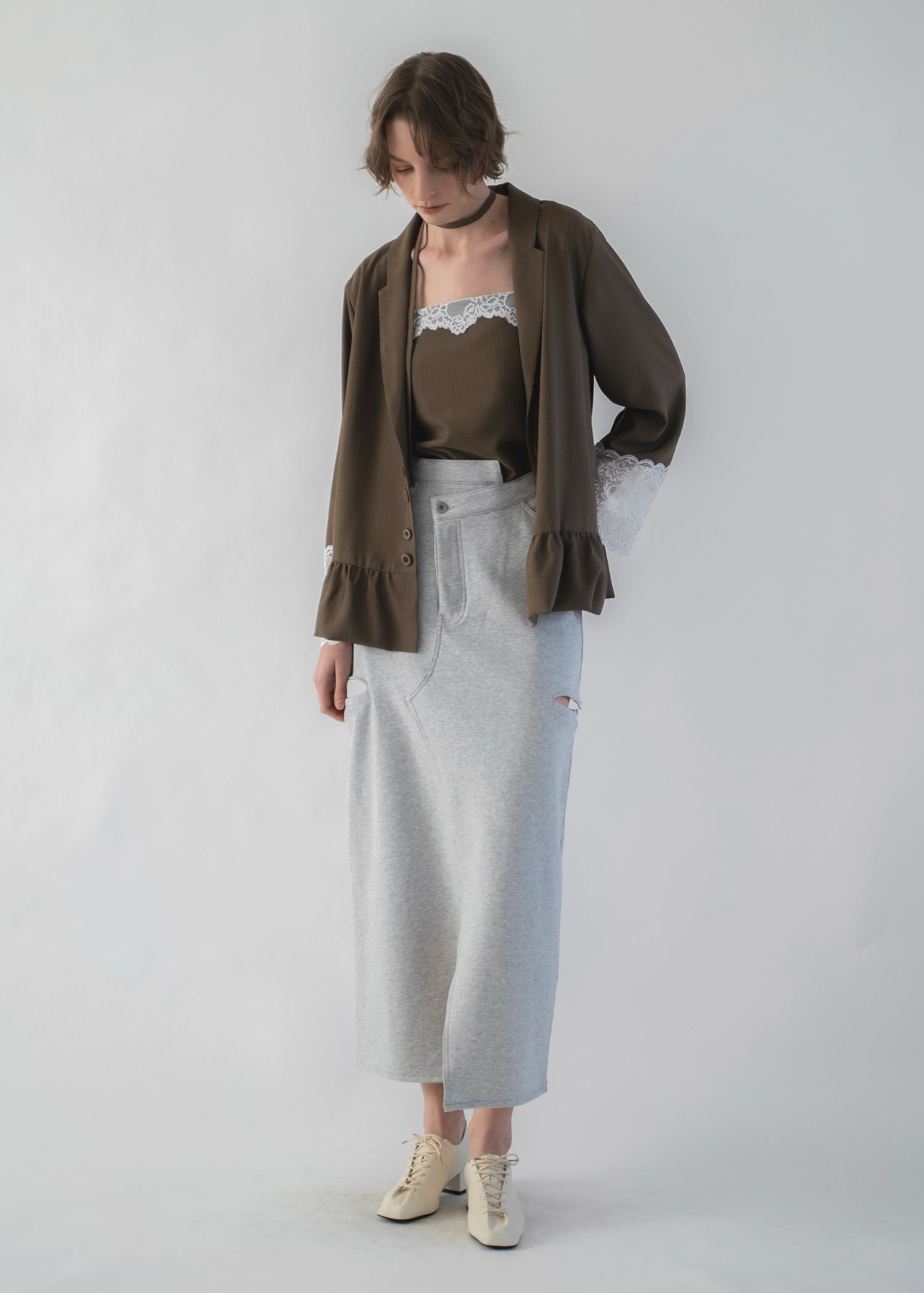 back bi color patchwork remake sweat SK / パッチワーク リメイク スウェットスカート (Heather gray) / 26SS