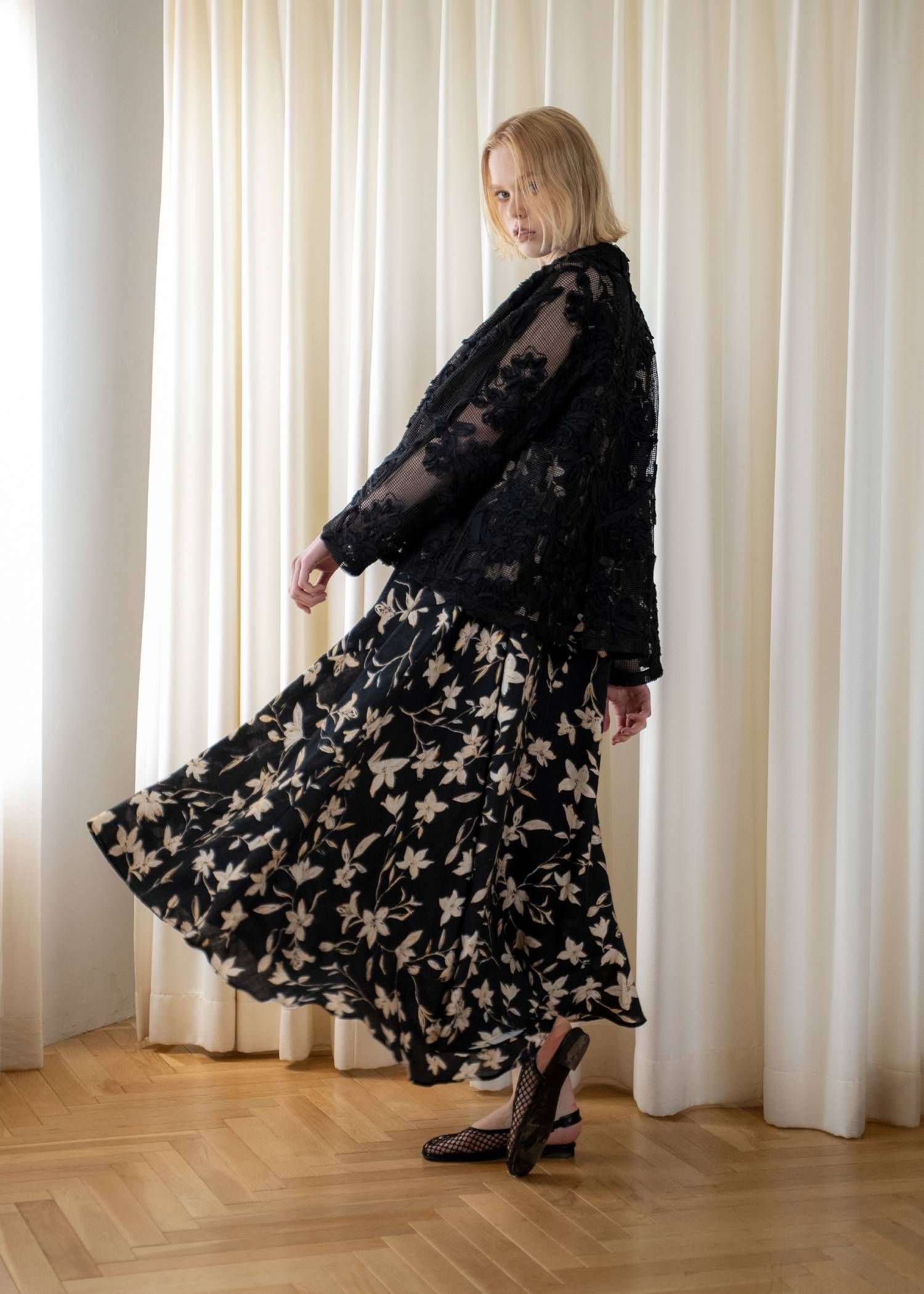 フラワーパッチワークワンピース (ブラック) flower panel patchwork flare OP (Black) /  26SS