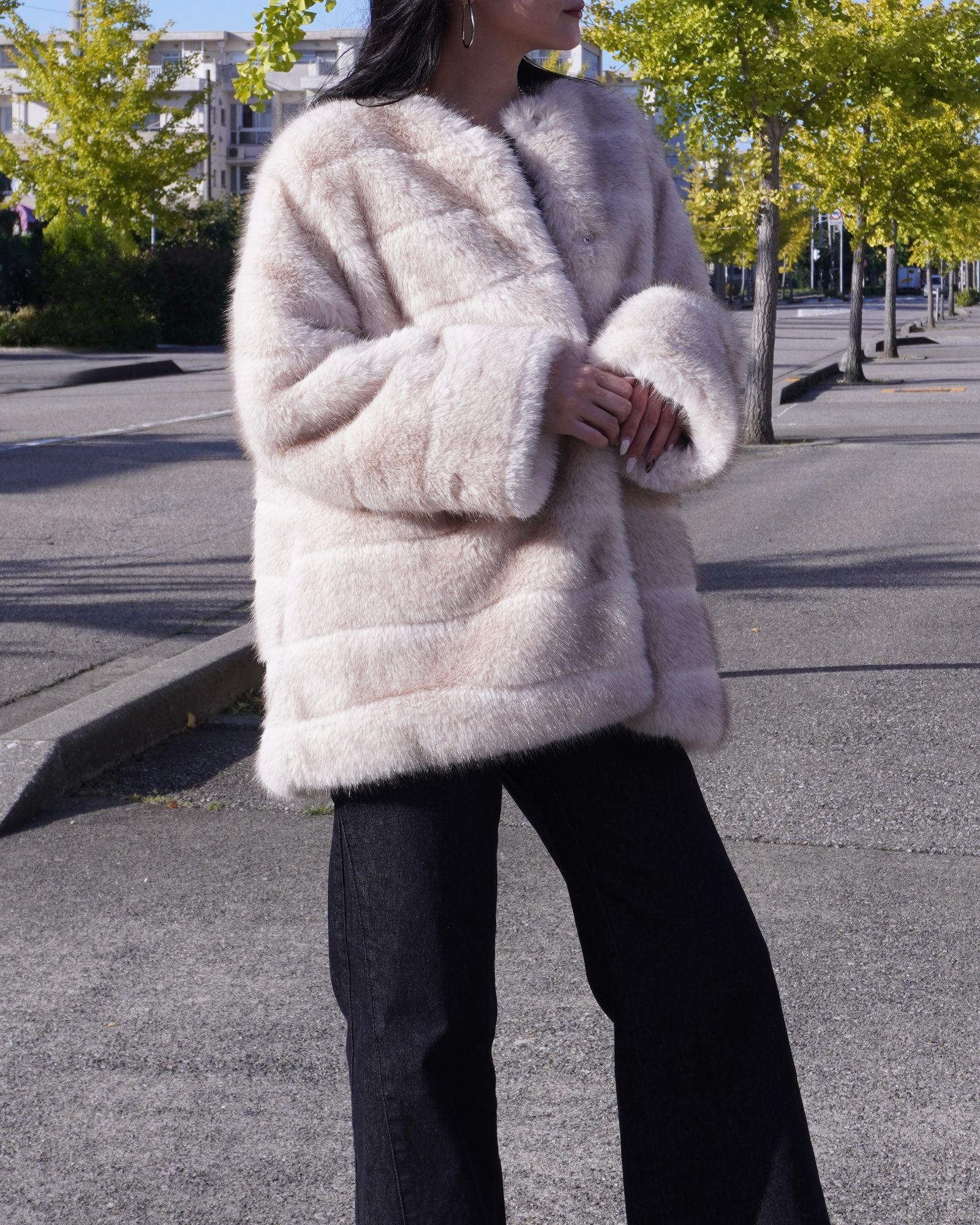 【25AW】Border Fur Coat (クリーム) / ボーダーファーコート / エコファー / フェイクファー