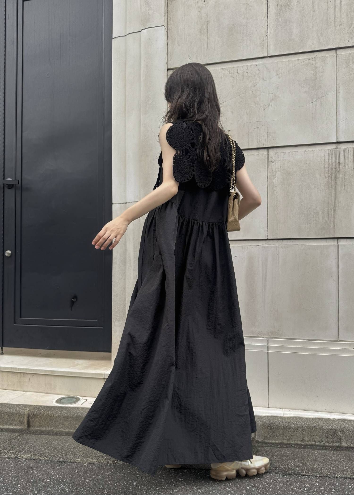 クロシェ ナイロンワンピース (ブラック) crochet knit layered nylon OP (Black) /  26SS