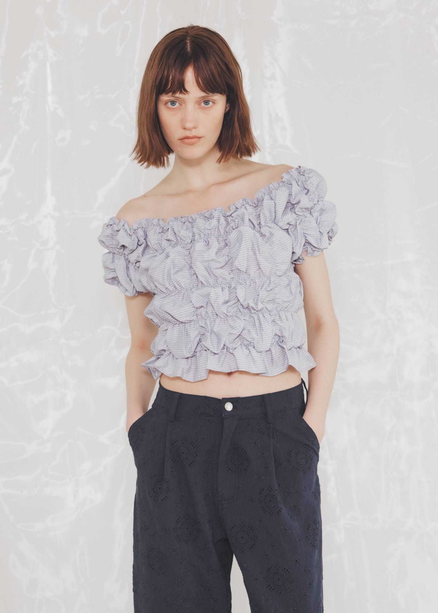 ホイップ ストライプトップス (ブルー) whip shirring stripe 2way tops (Blue) /  26SS