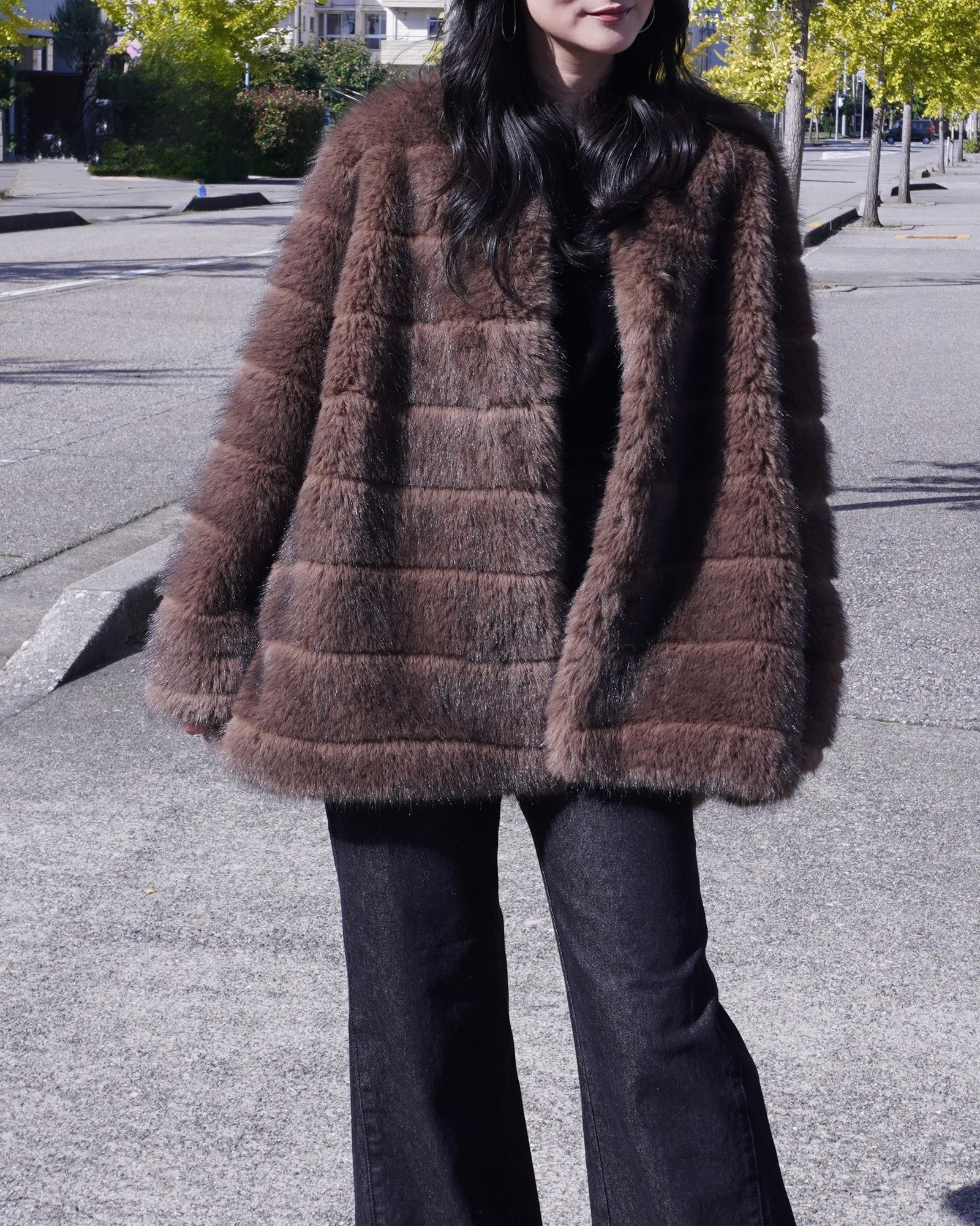 【25AW】Border Fur Coat (ブラウン) / ボーダーファーコート / エコファー / フェイクファー