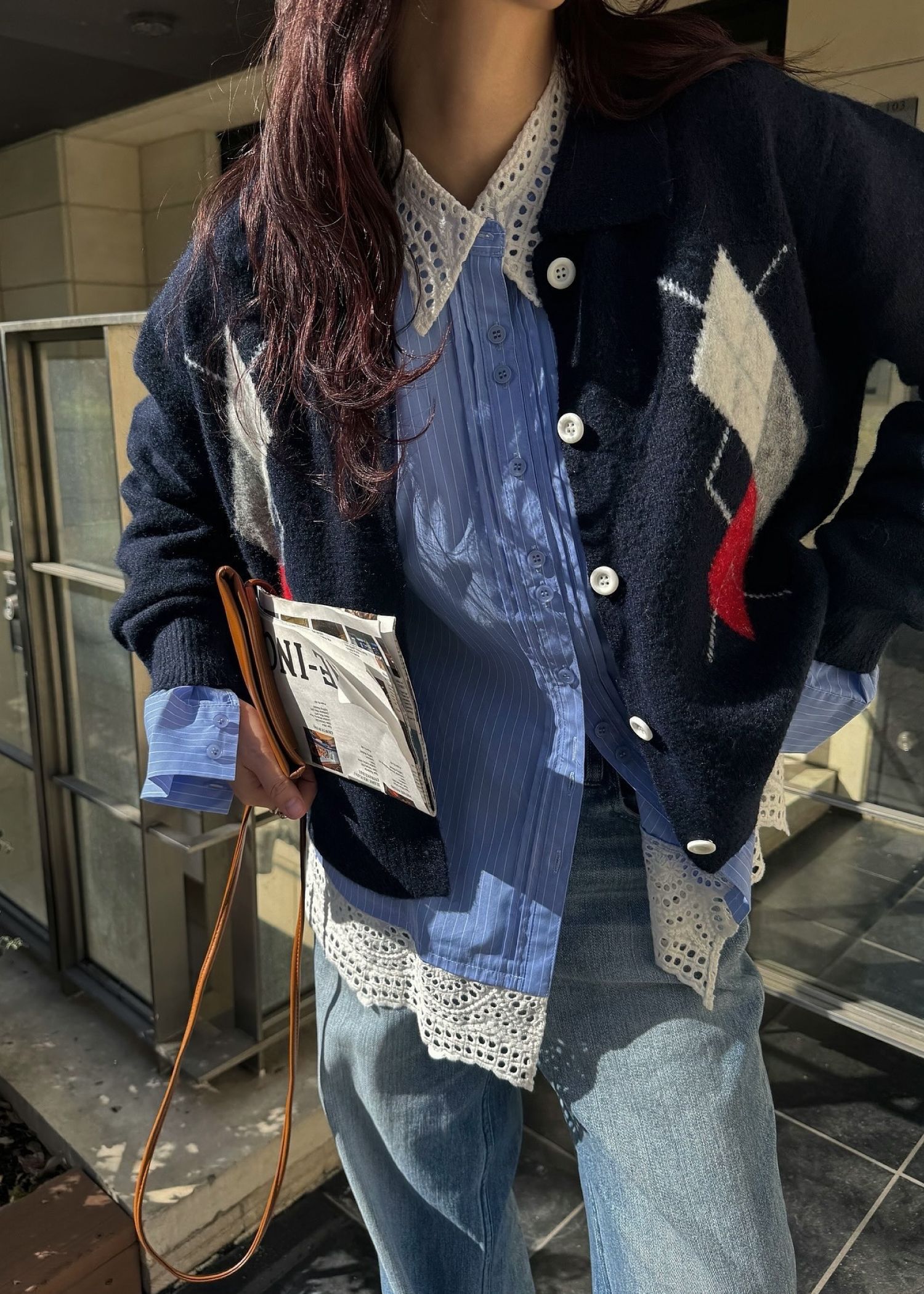 lace collar hem shoulder pintuck SH / レースヘムショルダー ピンタックシャツ (サックス) / 25AW /