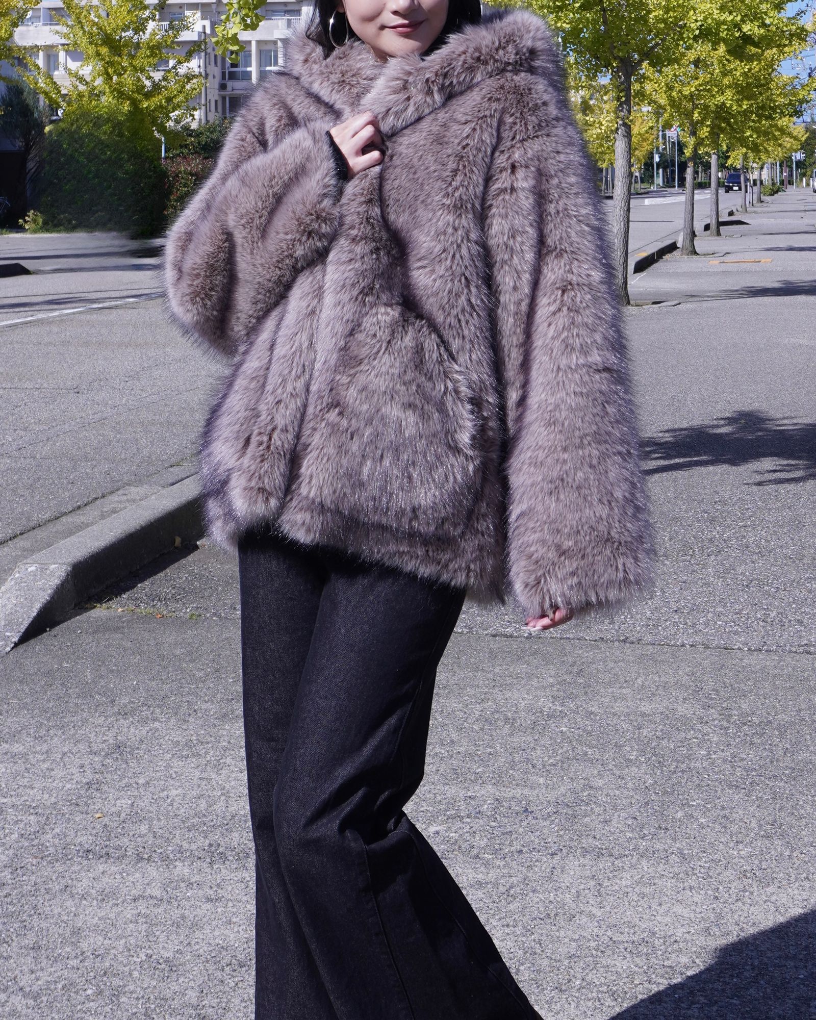 【25AW】Fox Like Fur Hoodie Coat / フォックスライクファー リバーシブルフーディコート (ベージュ) / エコファー / フェイクファー