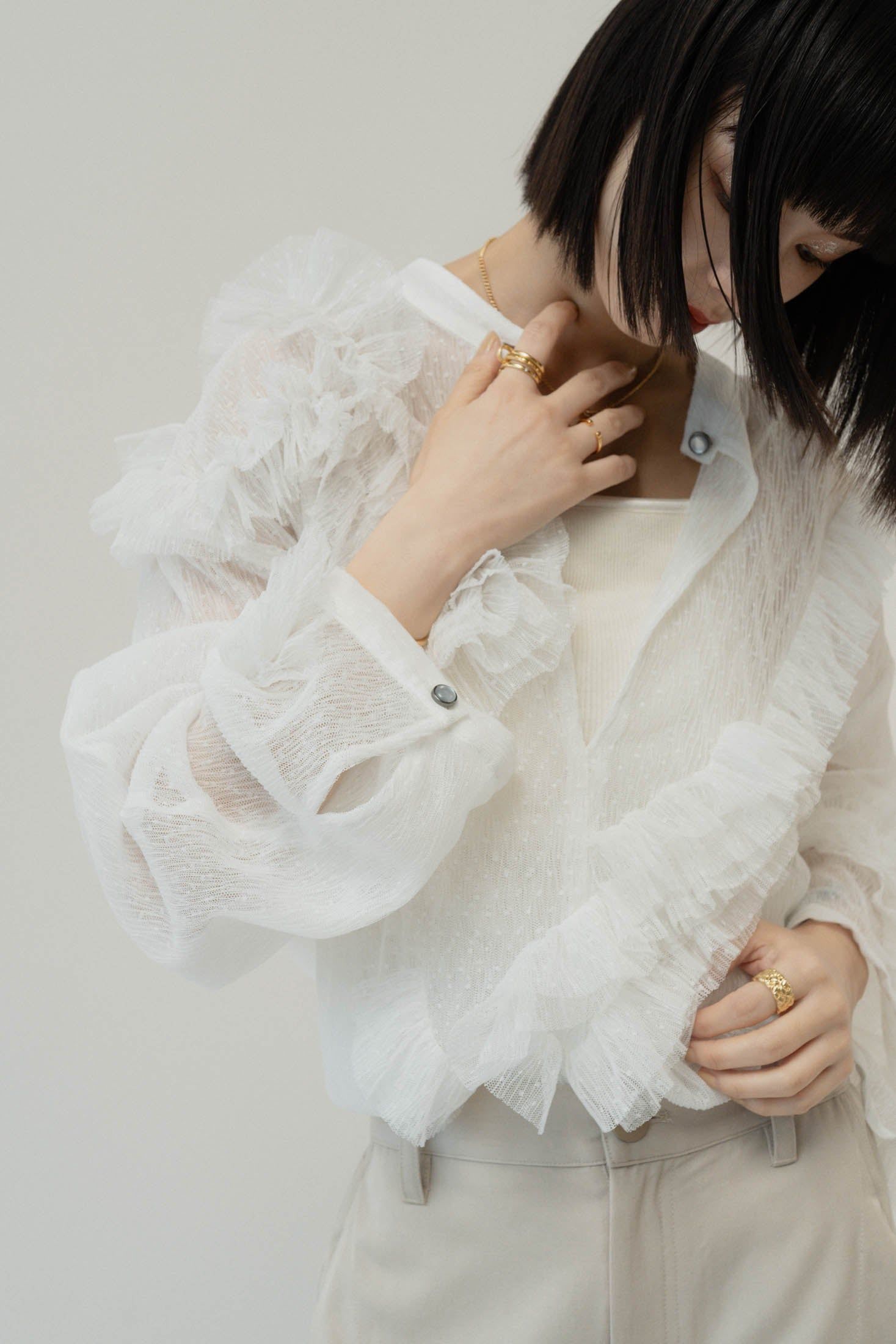 チュールデザインブラウス (ホワイト) tulle design blouse (White)