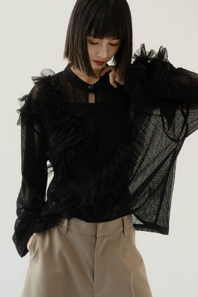 チュールデザインブラウス (ブラック) tulle design blouse (Black)