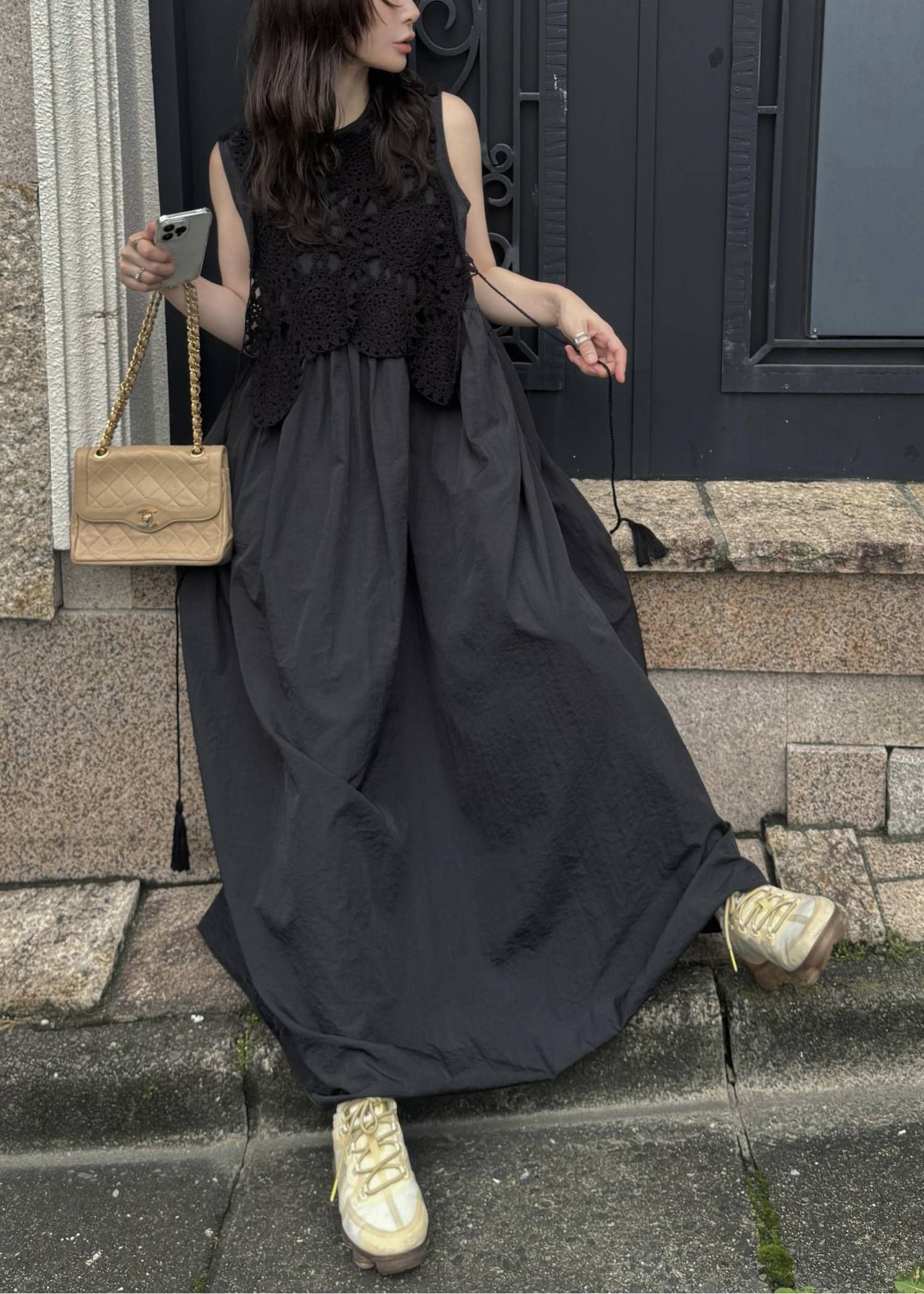 クロシェ ナイロンワンピース (ブラック) crochet knit layered nylon OP (Black) /  26SS