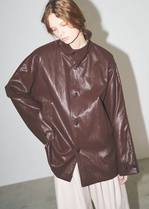 スタンドカラー レザージャケット (バーガンディ) stand collar over size synthetic leather JK (Burgundy) /  26AW
