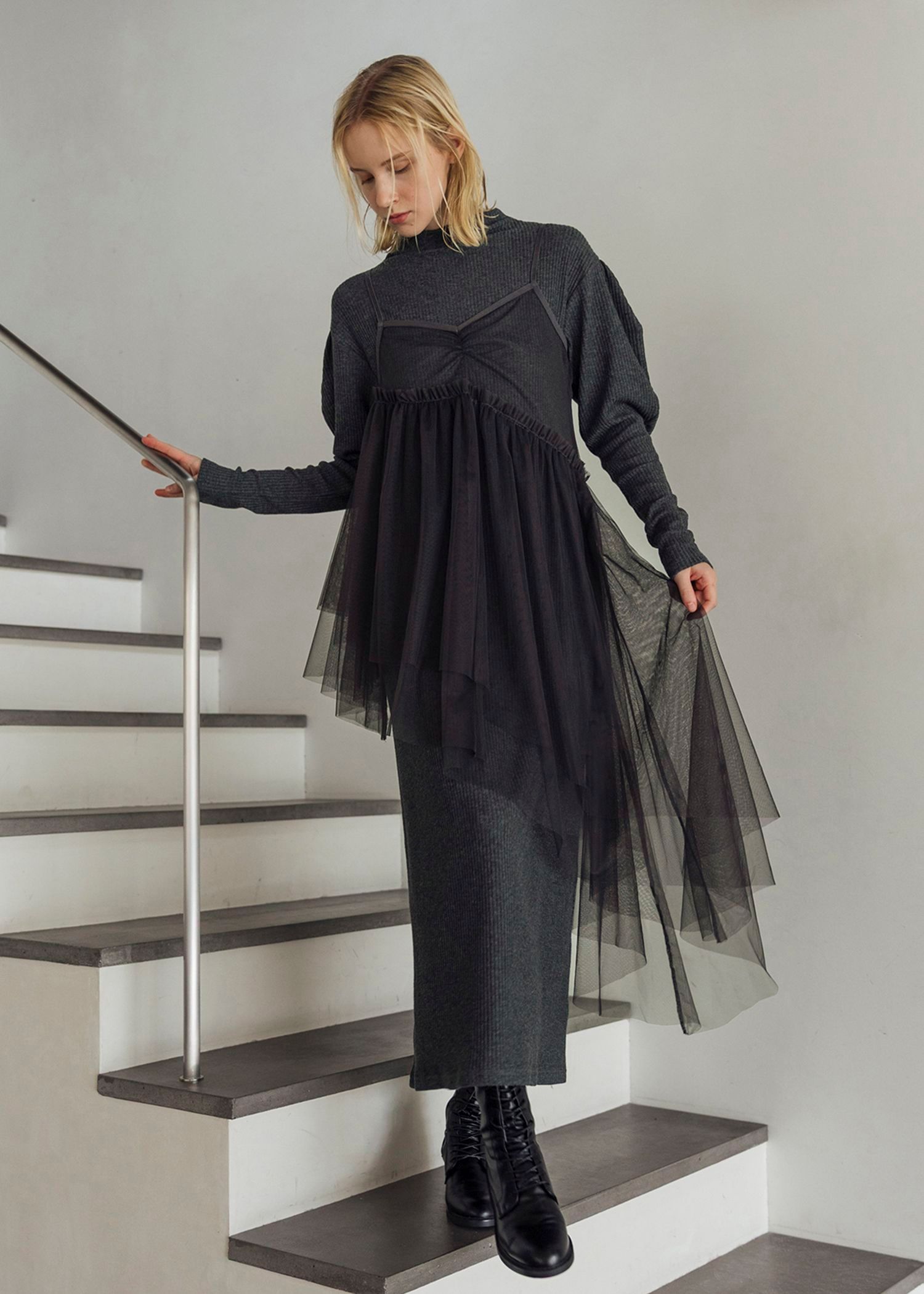 asymmetry layered tulle cami OP / アシンメトリー レイヤードチュールキャミワンピース (チャコール) / 25AW /