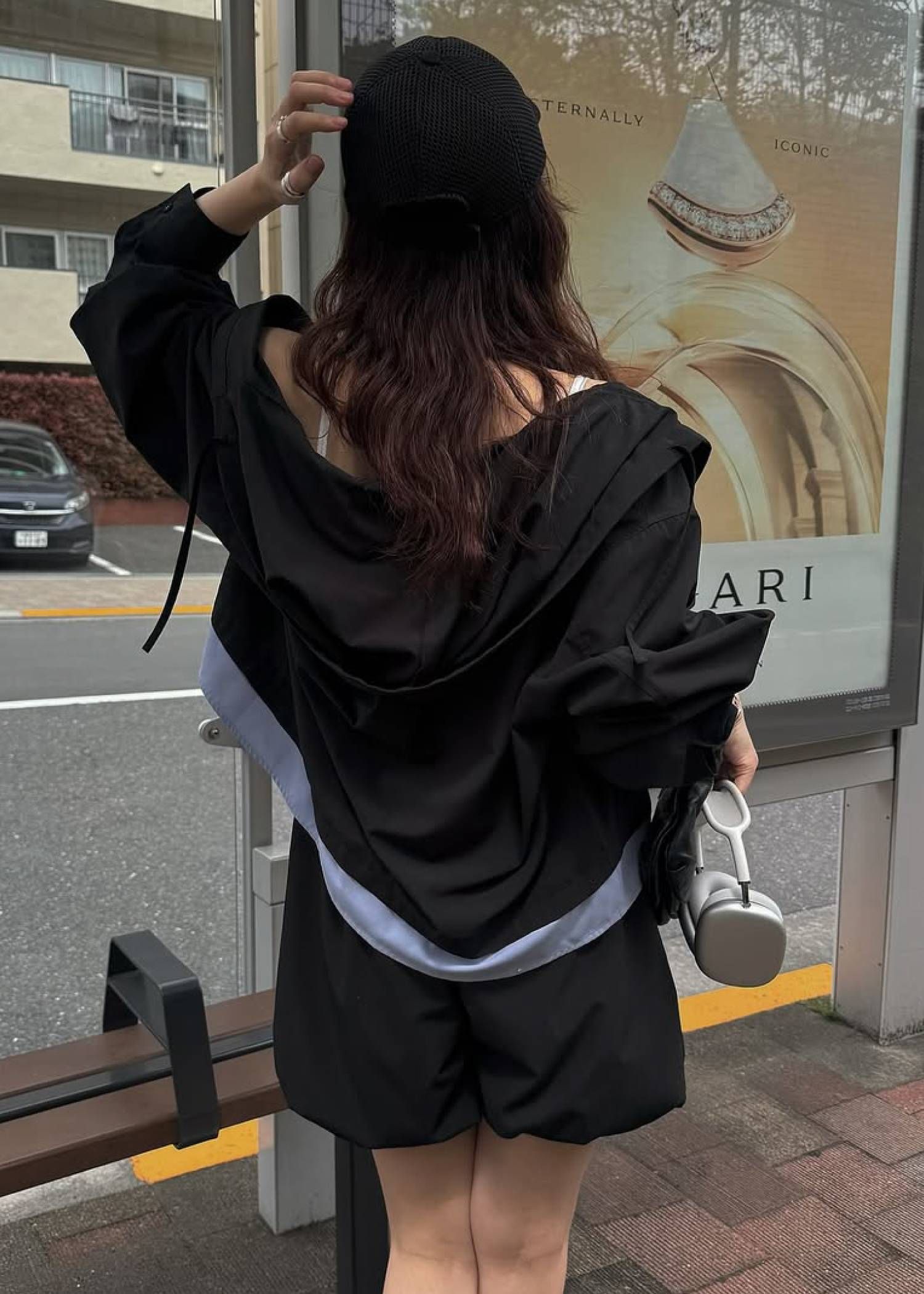 UVカット フーディトップス (ブラック) UV cut layered hem shirt hoodie tops (Black) /  26SS