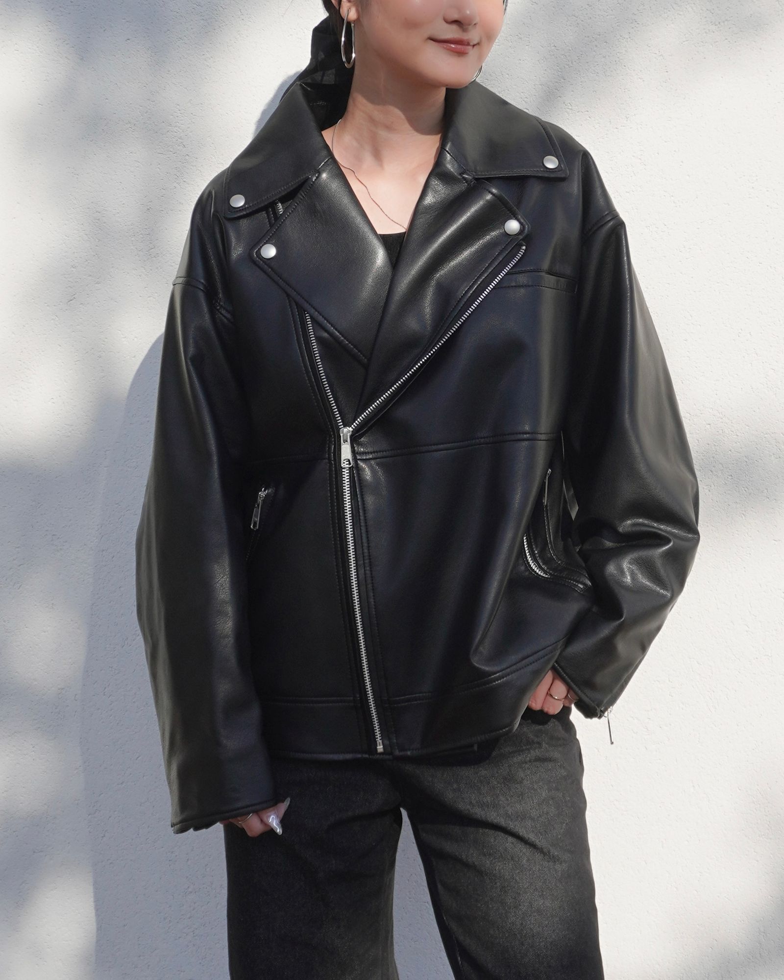 DIANTE ブラック エコレザー ライダーズジャケット THINK FUR - 【25AW】Eco Leather Riders Jacket (ブラック