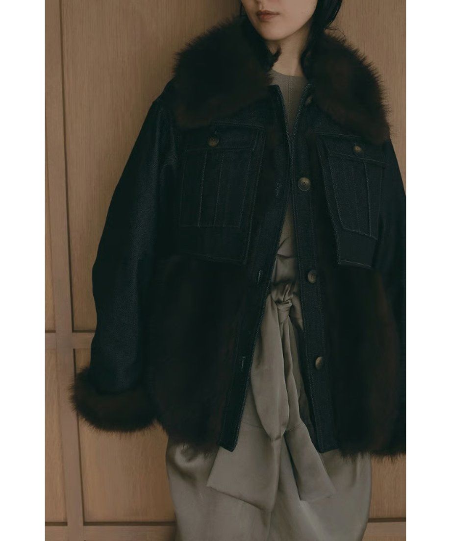 【25AW】Denim Docking Fur Jacket (ダークネイビー) / デニムドッキングファージャケット / エコファー / フェイクファー