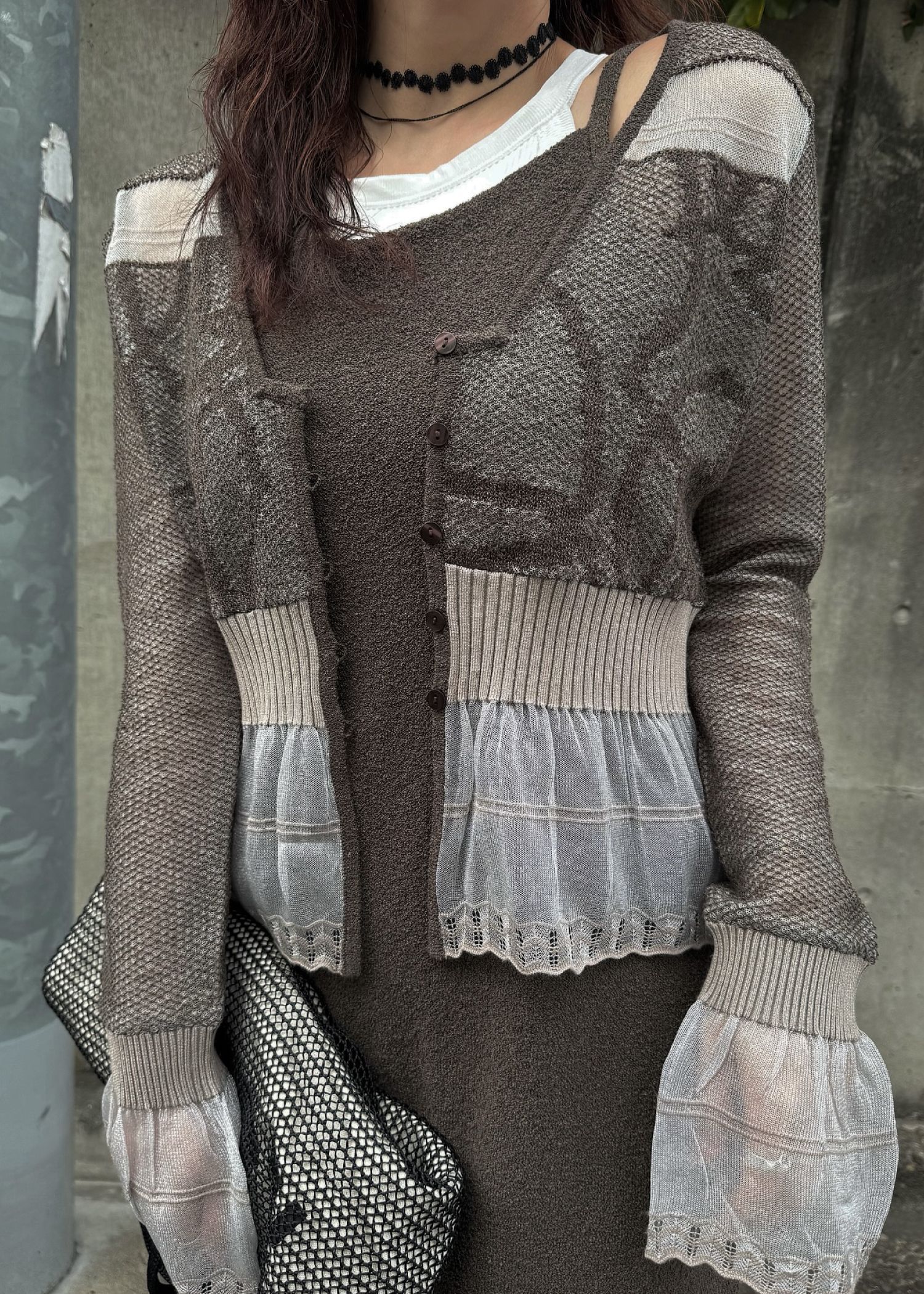 ジャガードパターン シアーカーディガン (カフェモカ) jacquard pattern sheer knit cardigan (Caffe mocha) /  26SS