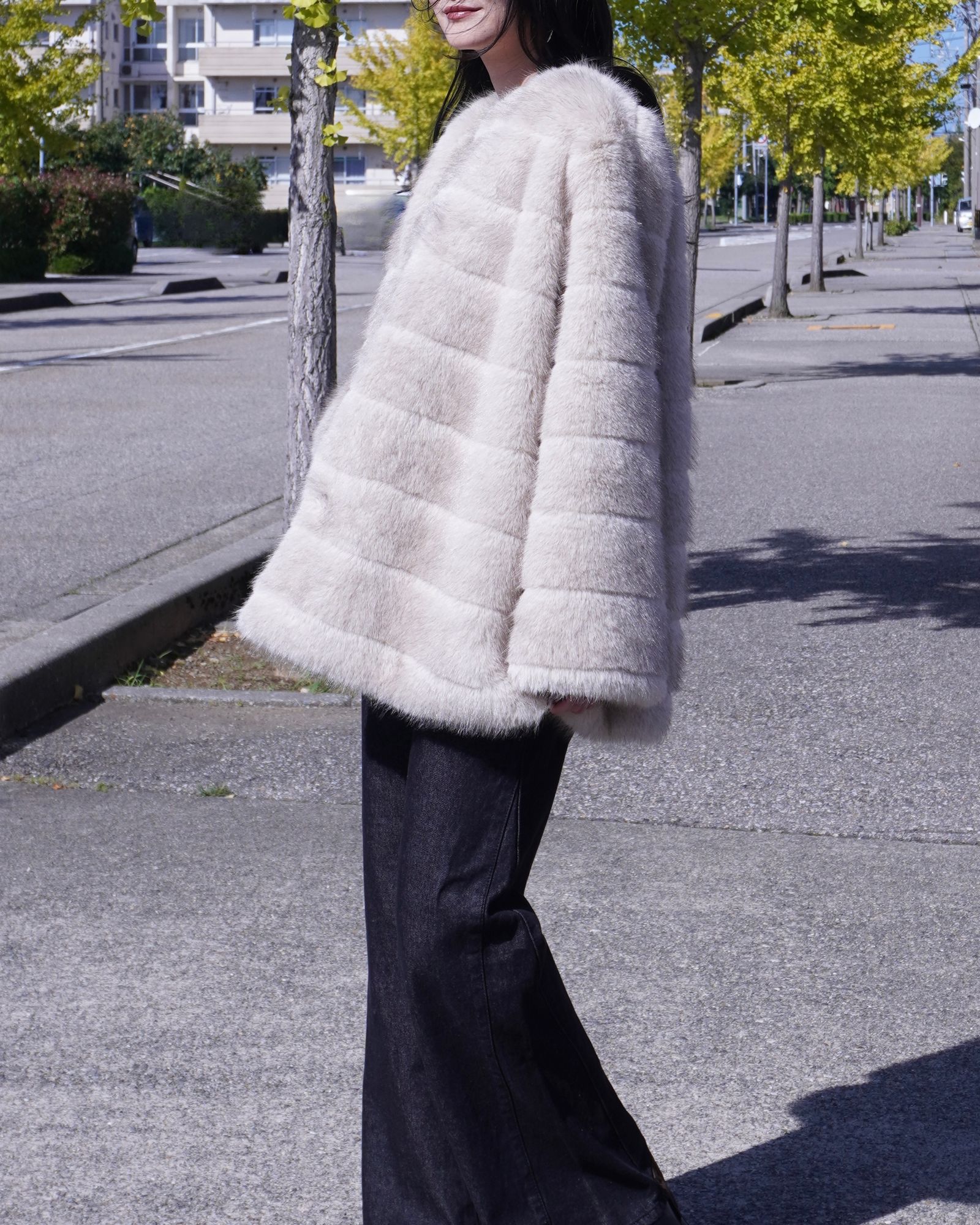 【25AW】Border Fur Coat (グレージュ) / ボーダーファーコート / エコファー / フェイクファー