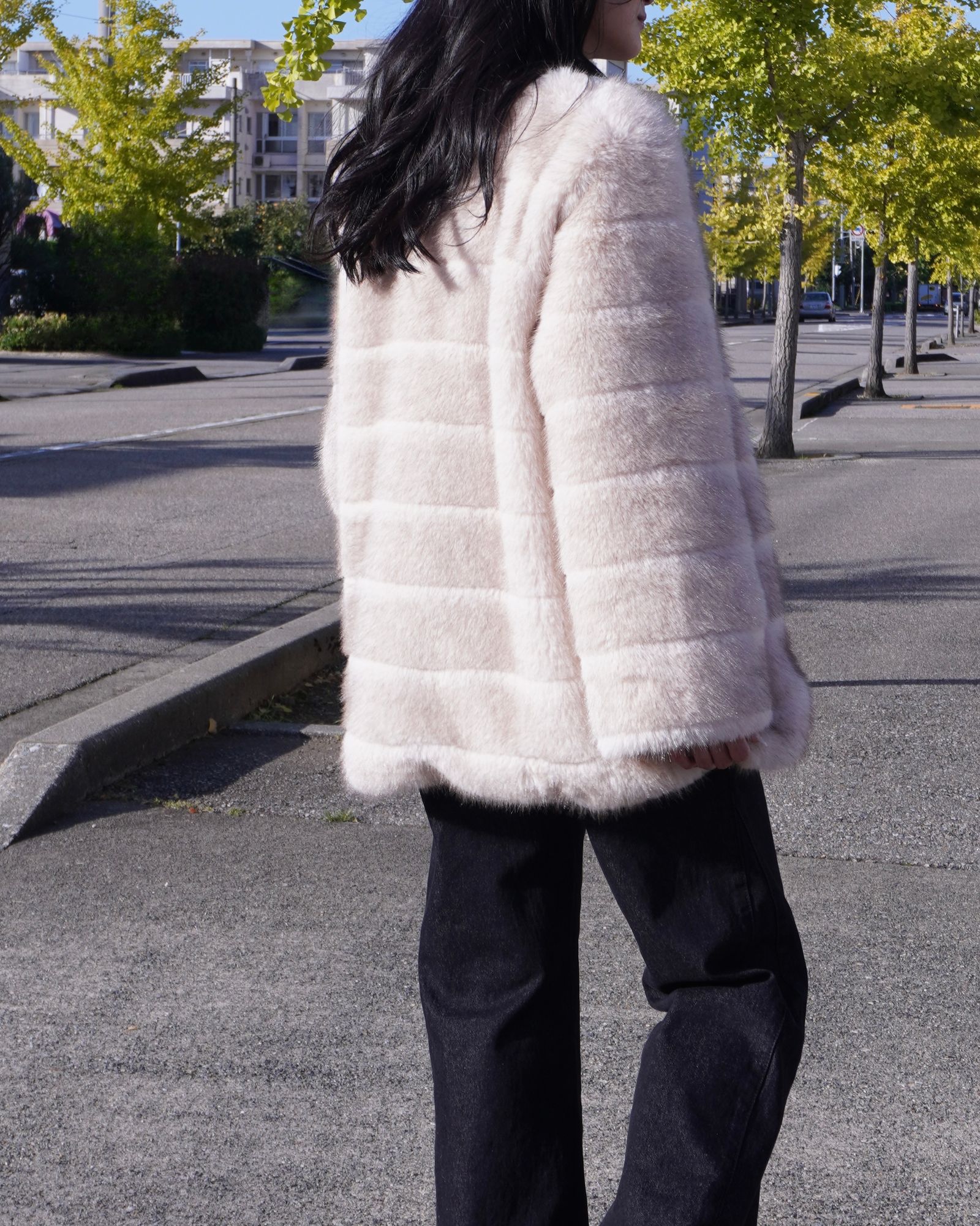 【25AW】Border Fur Coat (クリーム) / ボーダーファーコート / エコファー / フェイクファー
