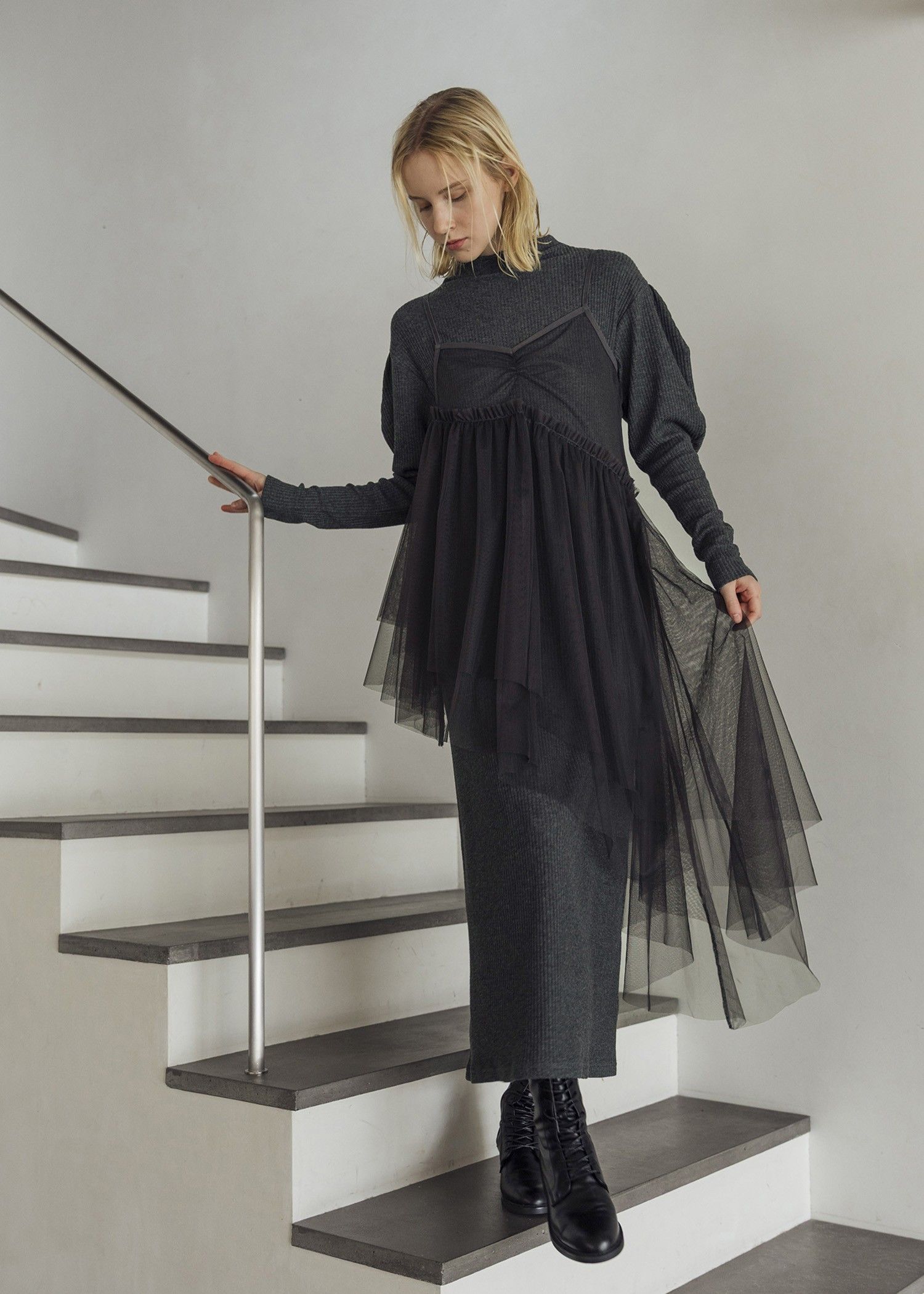 volume sleeve high neck rib OP / ハイネックリブワンピース (チャコール) / 25AW /