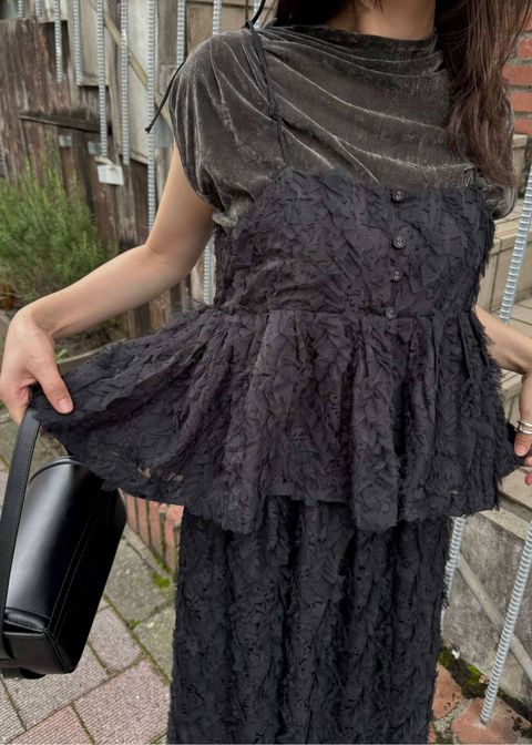 カットジャガード キャミソール (ブラック) cut jacquard tulle gather camisole (Black) /  26SS
