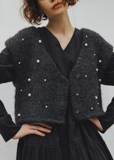 handmade random pearl knit vest / ランダムパール ニットベスト (チャコール) / 25AW