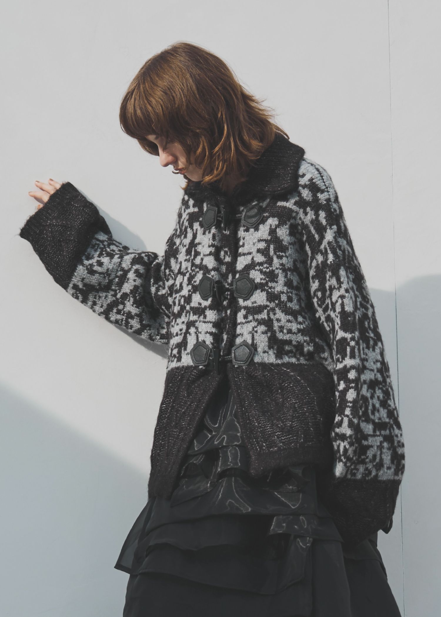 jacquard & cable placement toggle knit / ジャガード ケーブルトグルニット (チャコール) / 25AW /