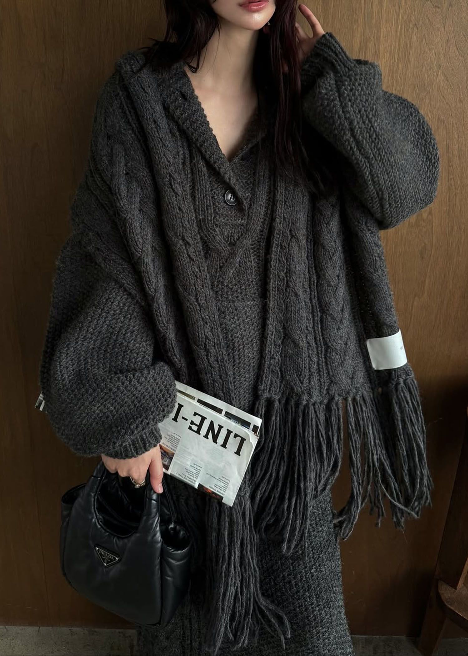 coarse knit cable fringe muffler / フリンジケーブルニットマフラー (チャコール) / 25AW