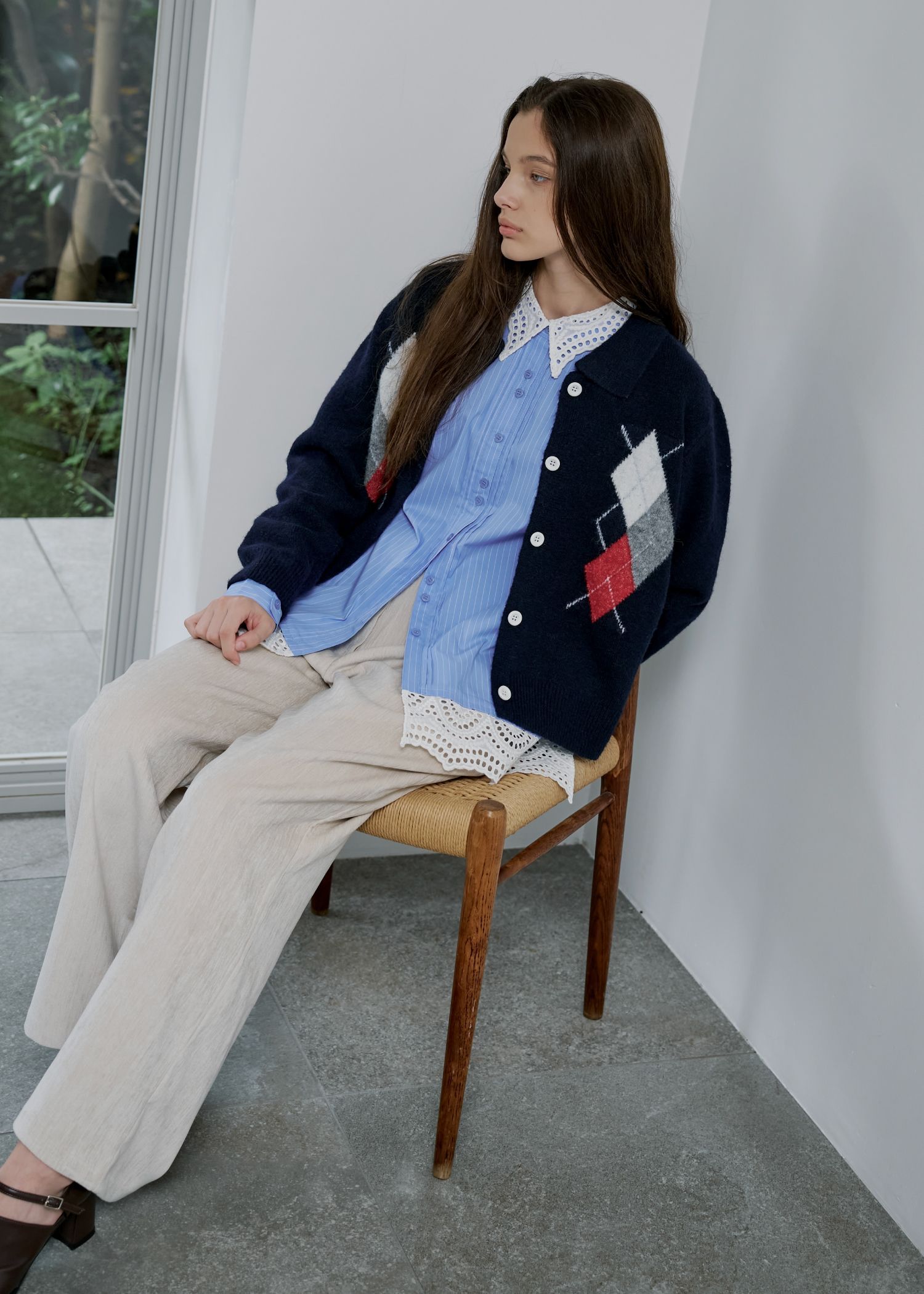 chic soft touch argyle knit cardigan / ソフトタッチ アーガイルニットカーディガン (ネイビー) / 25AW /