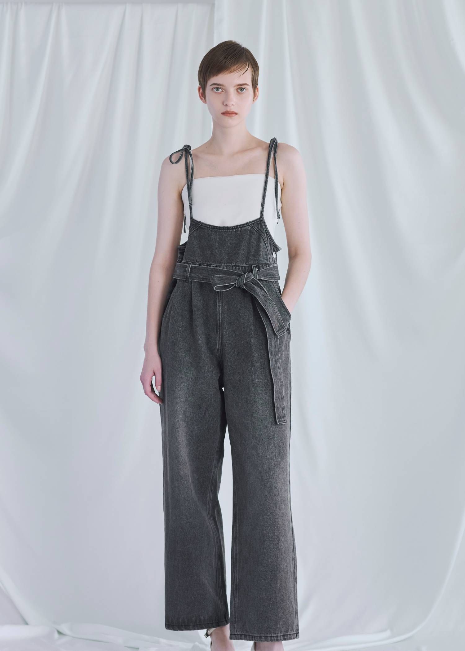 デニム リボンサロペット (ブラック) denim tapered ribbon salopette (Black) /  26SS